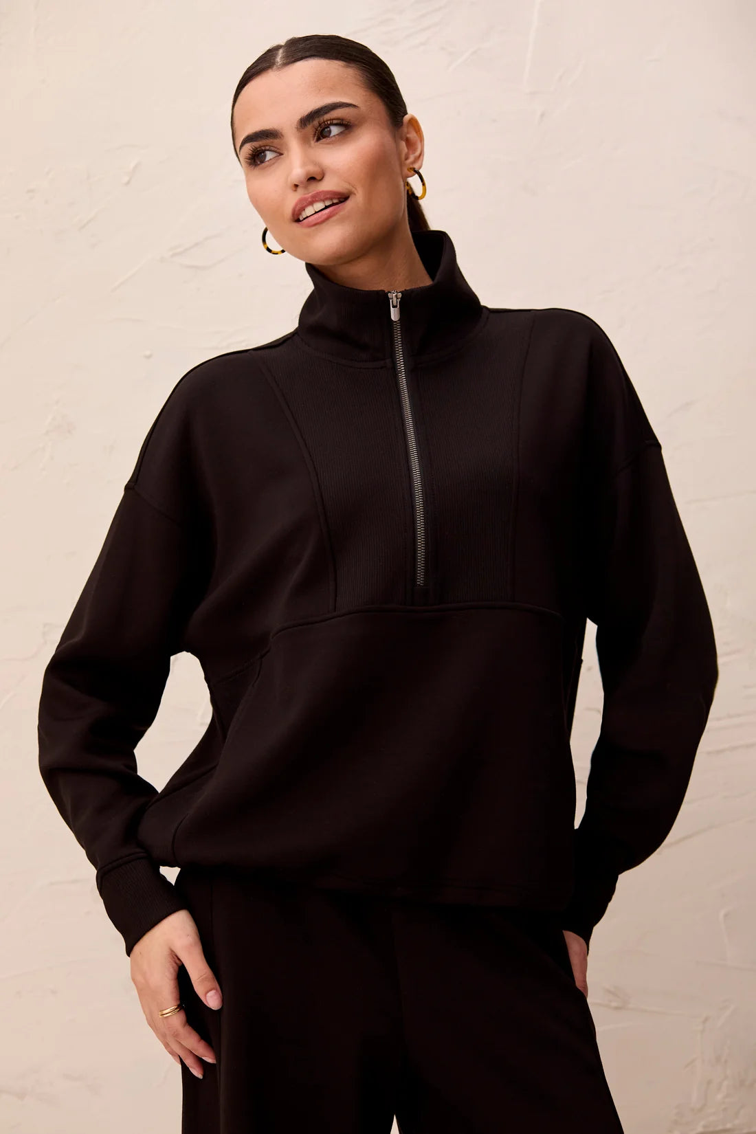 L/S MOCK NECK TOP W/ZIPPER-BLACK
