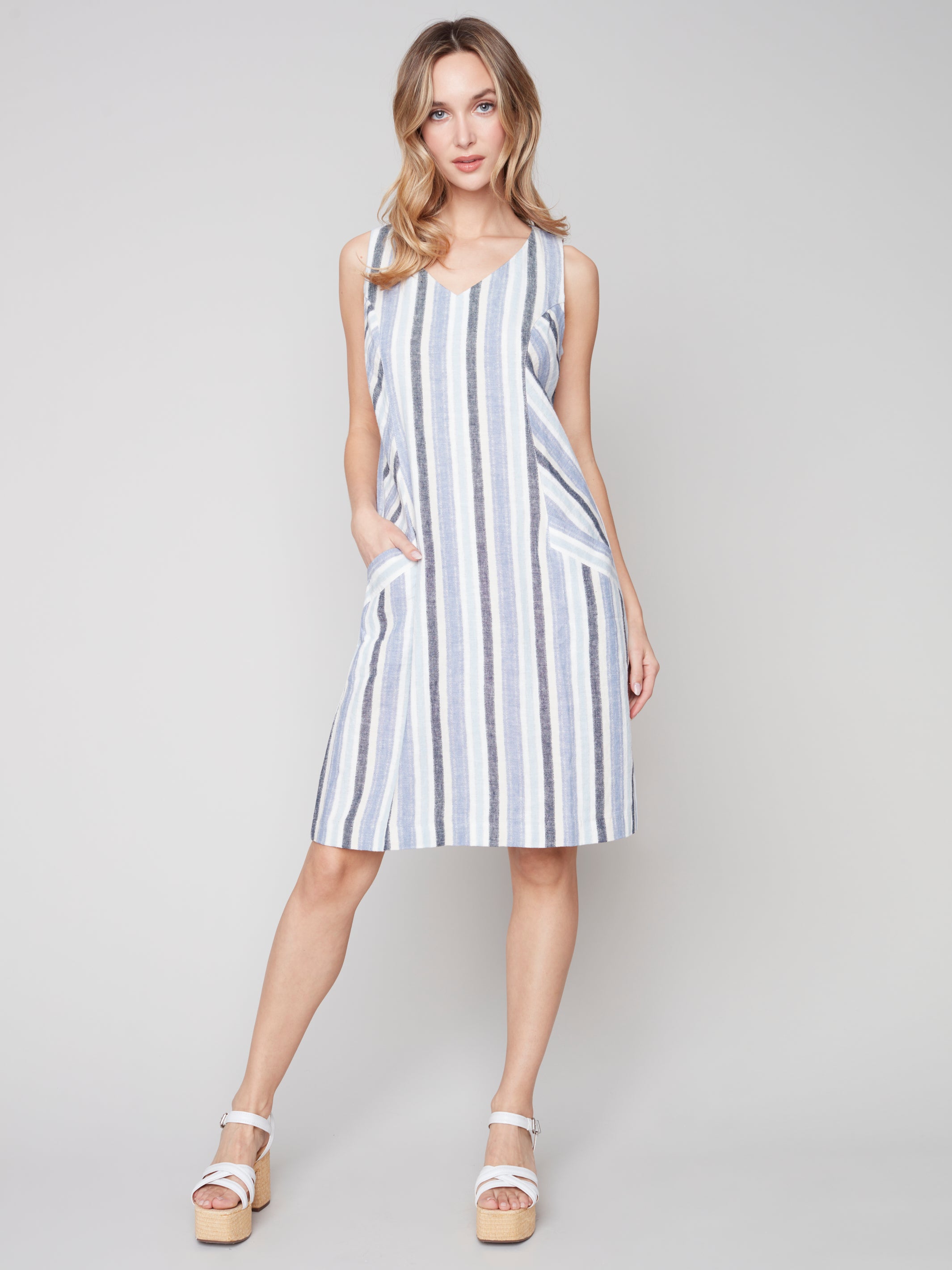 Striped Sleeveless V Neck Linen Dress