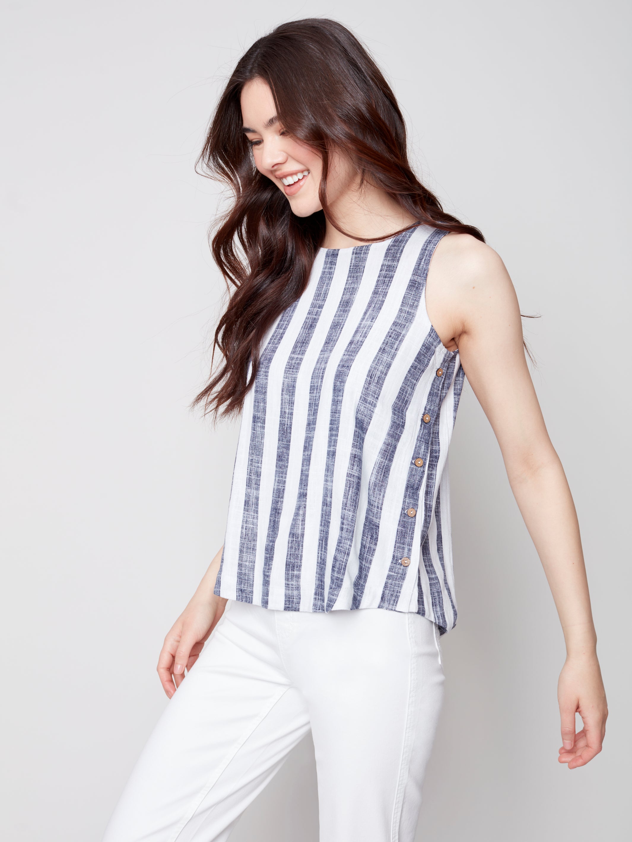 Printed Sleeveless Linen Blouse With Side Buttons