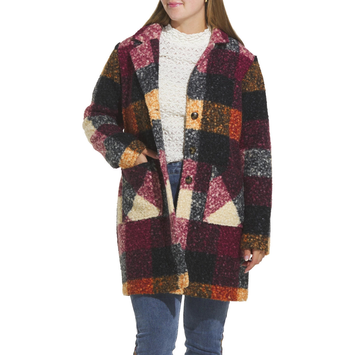 Boucle Knit Plaid Coat