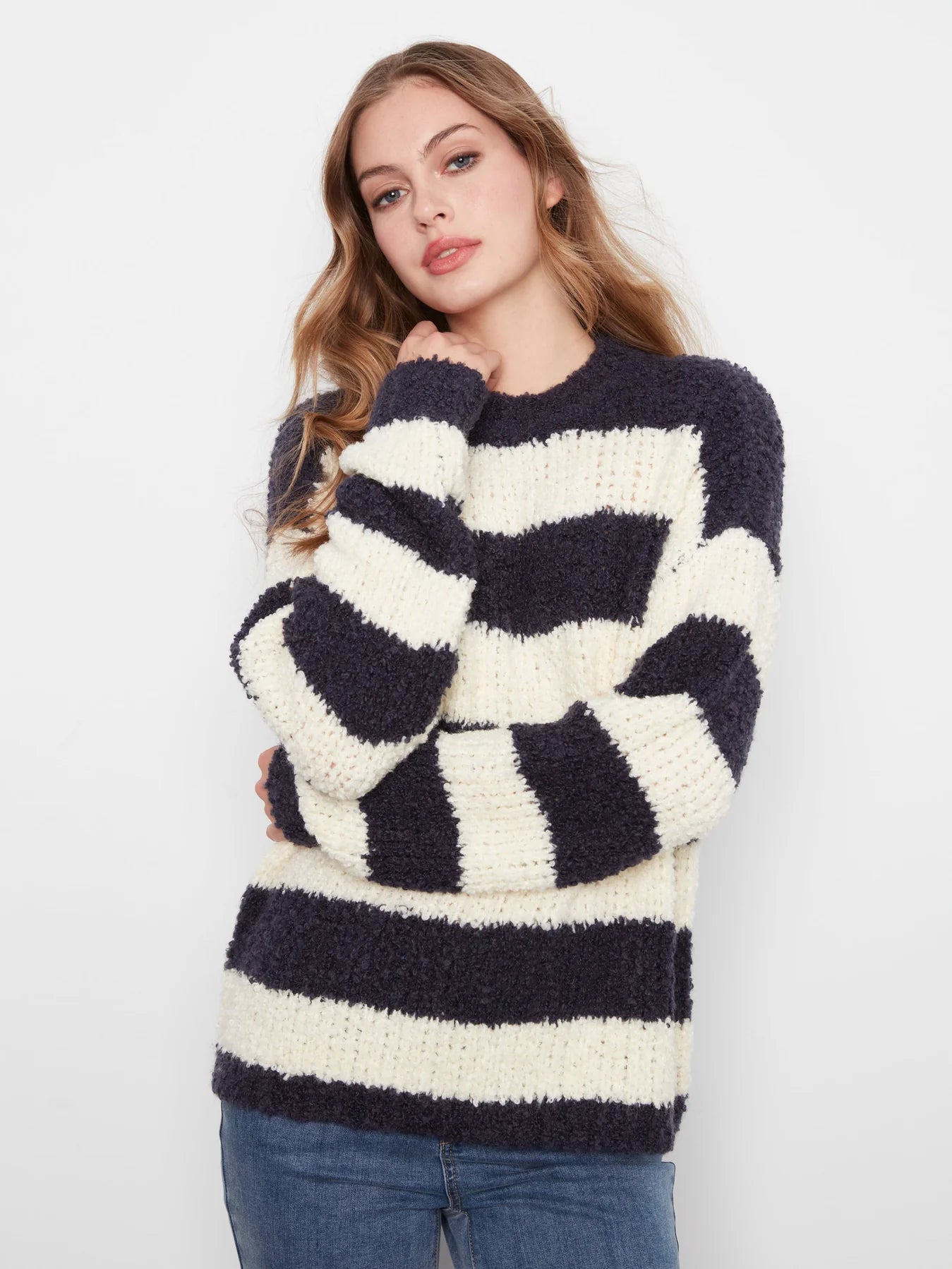 Striped Boucle L/S Crew Neck Sweater