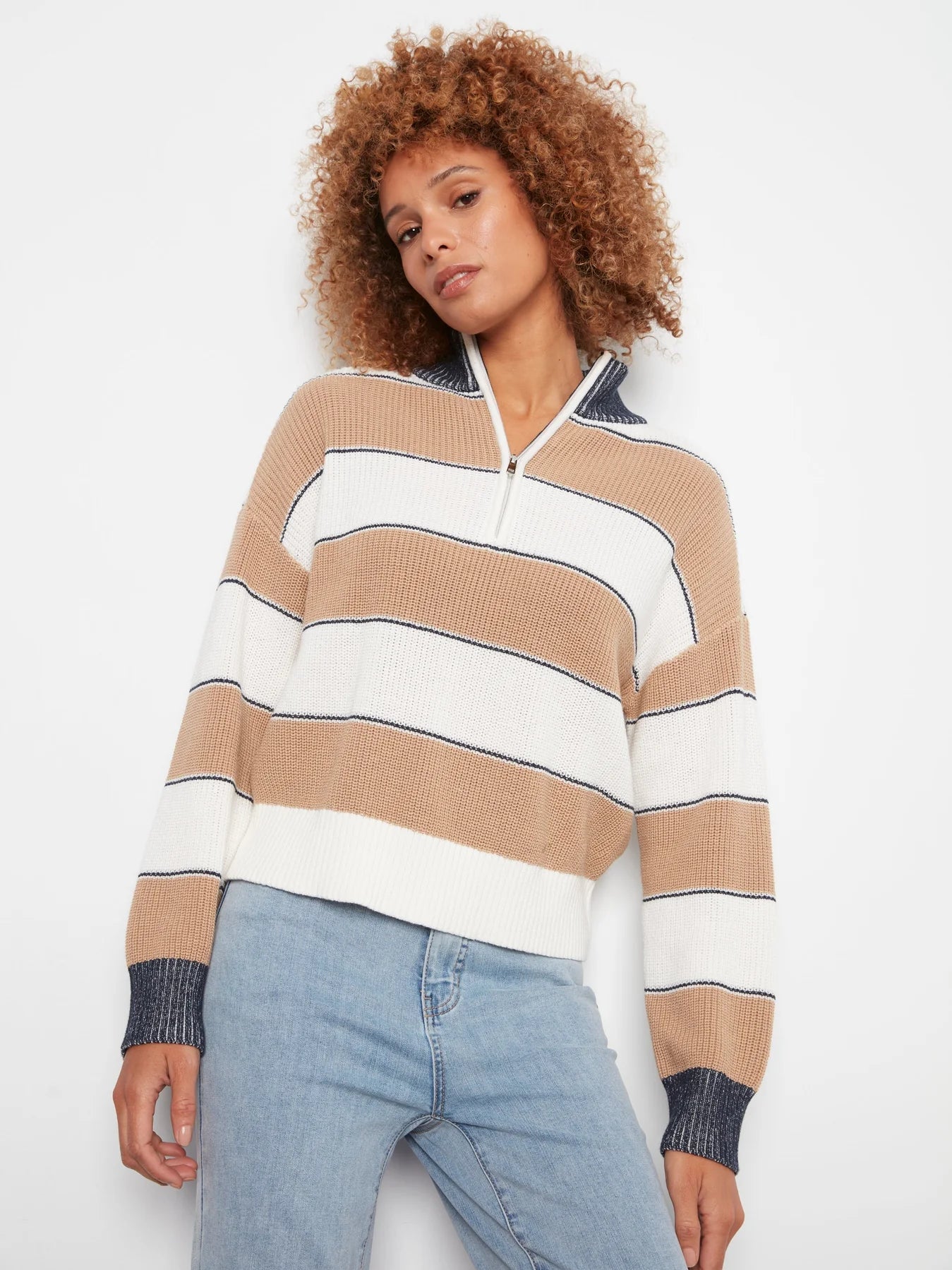 LS Drop Shoulder Zip Mock Neck Striped Sweater
