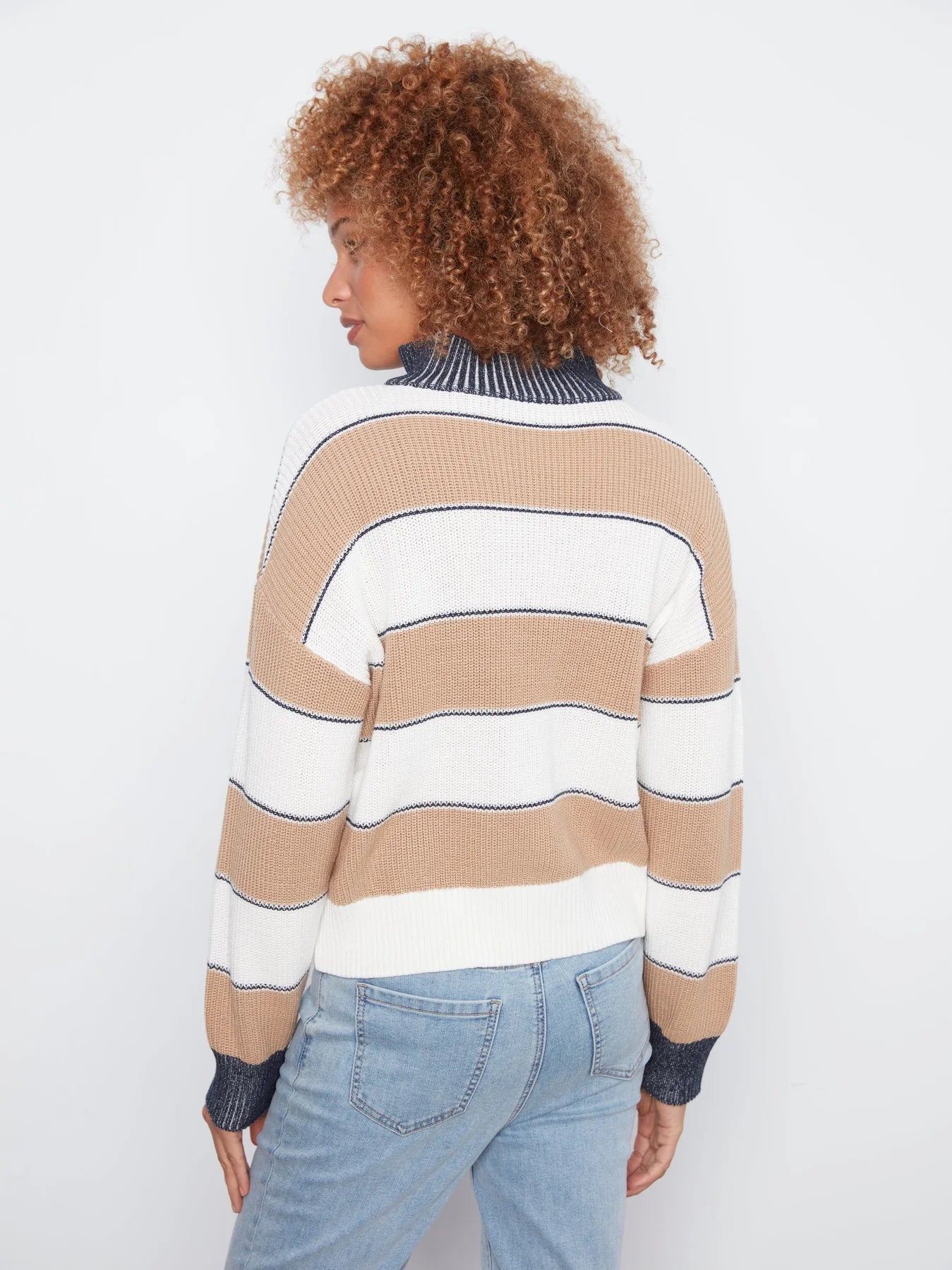 LS Drop Shoulder Zip Mock Neck Striped Sweater