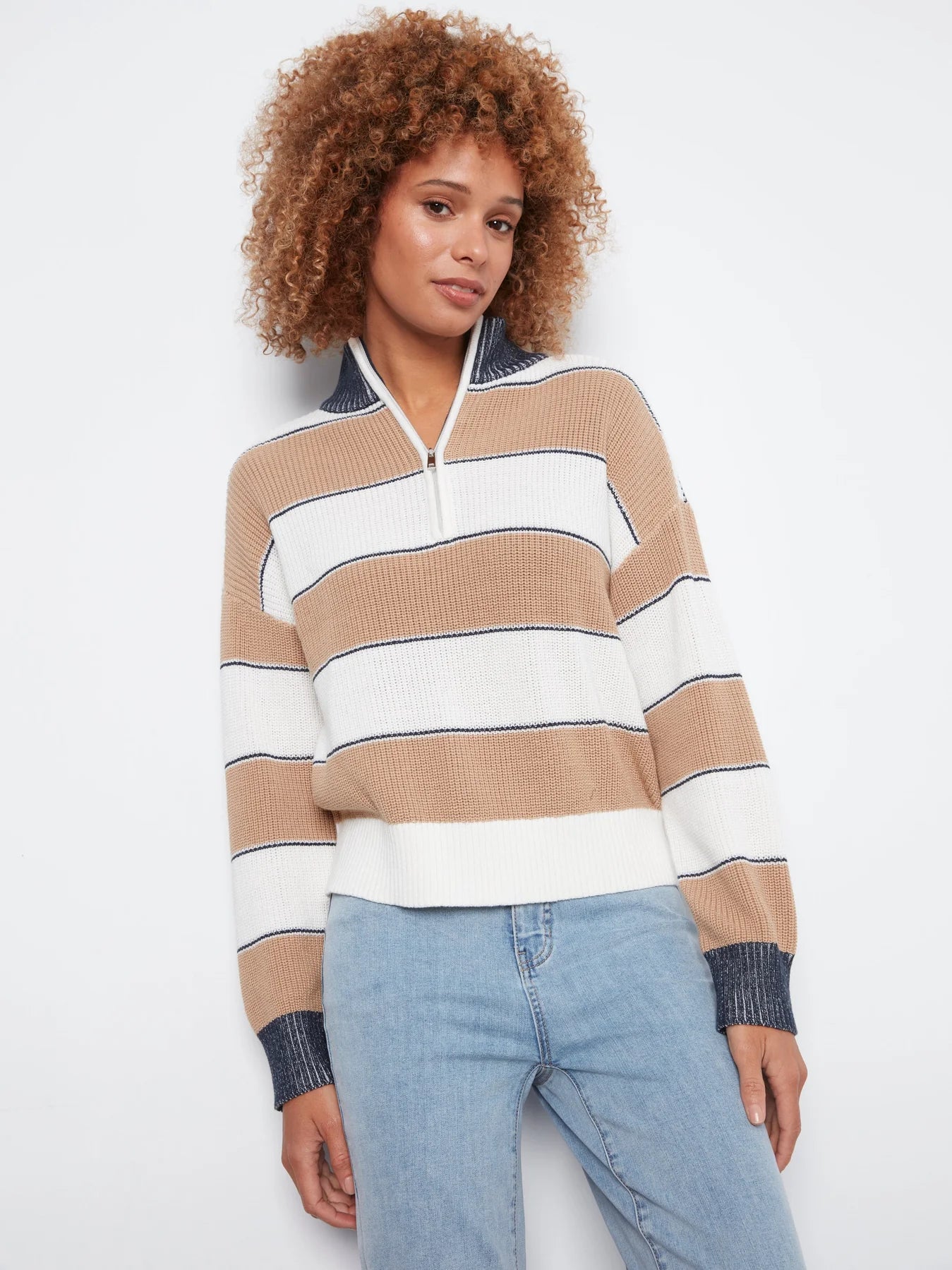 LS Drop Shoulder Zip Mock Neck Striped Sweater