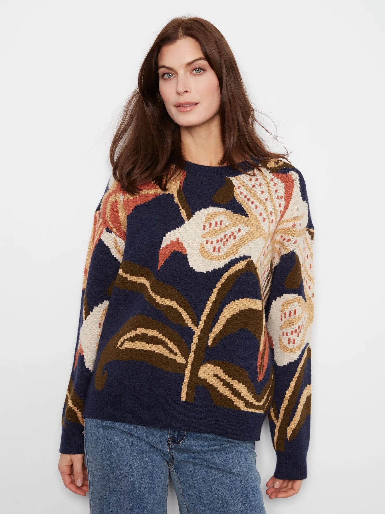 LS Drop Shoulder Jacquard Crew Neck Sweater