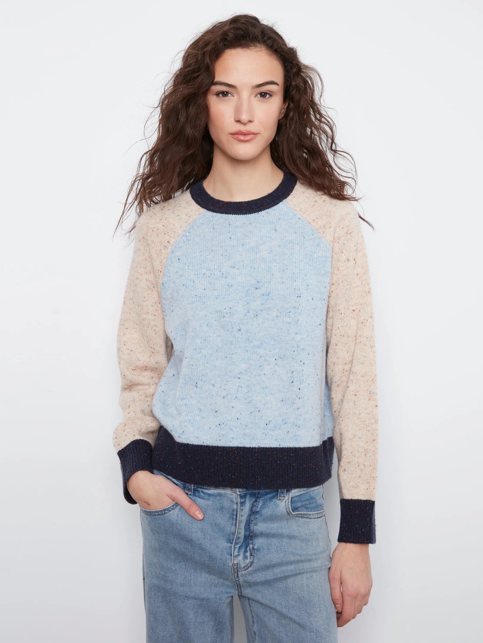 Raglan LS Crew Neck Color Block Sweater