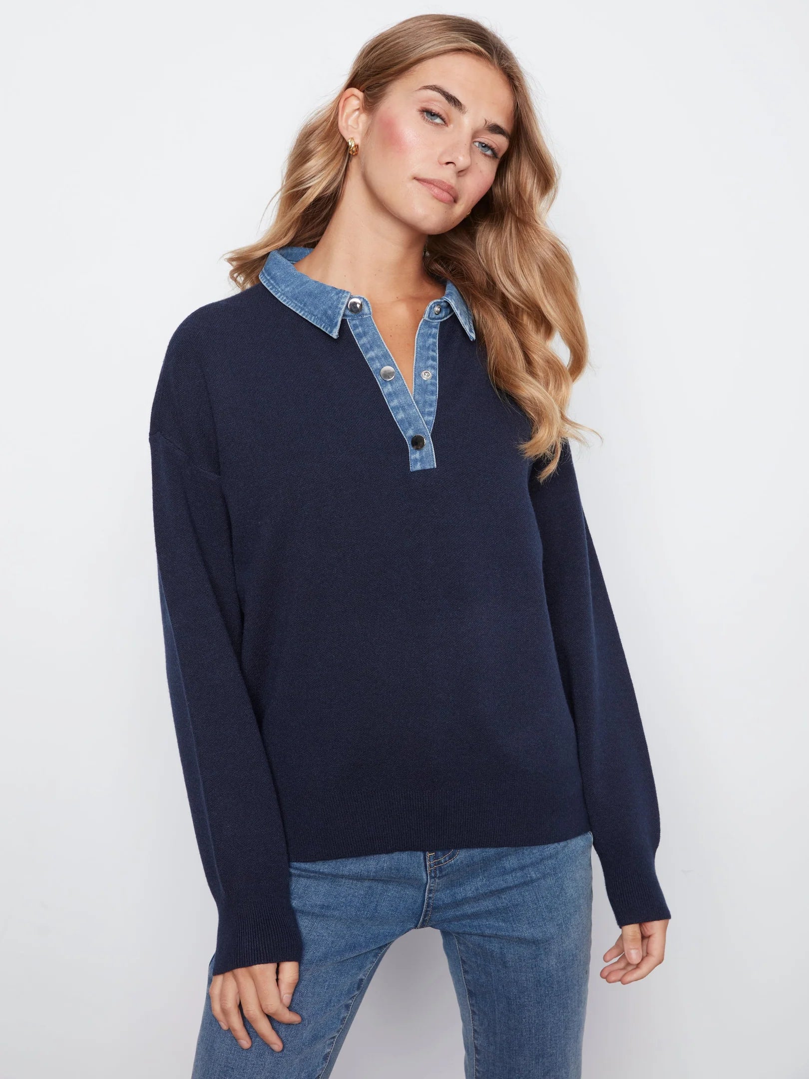 LS Drop Shoulder Polo Sweater w/ Denim Collar