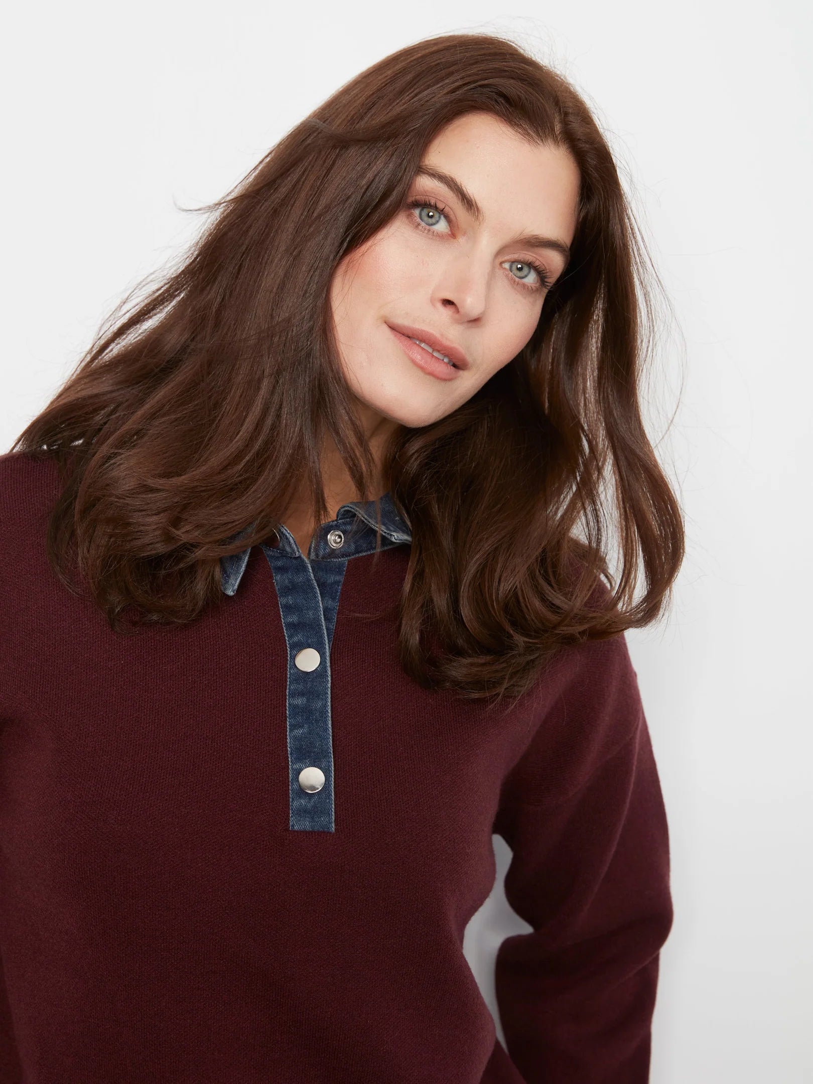LS Drop Shoulder Polo Sweater w/ Denim Collar