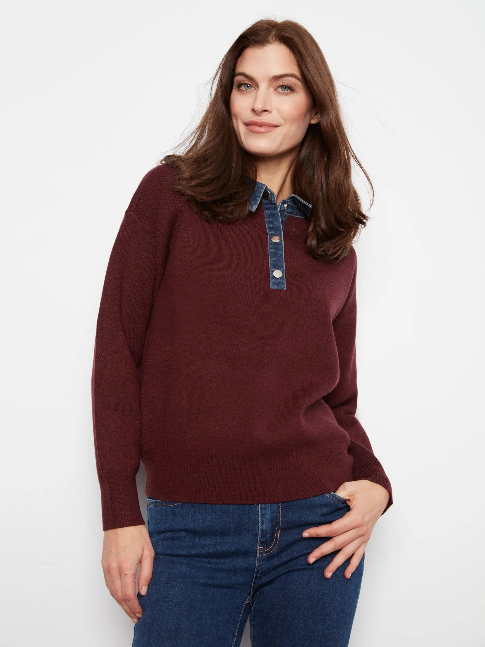 LS Drop Shoulder Polo Sweater w/ Denim Collar
