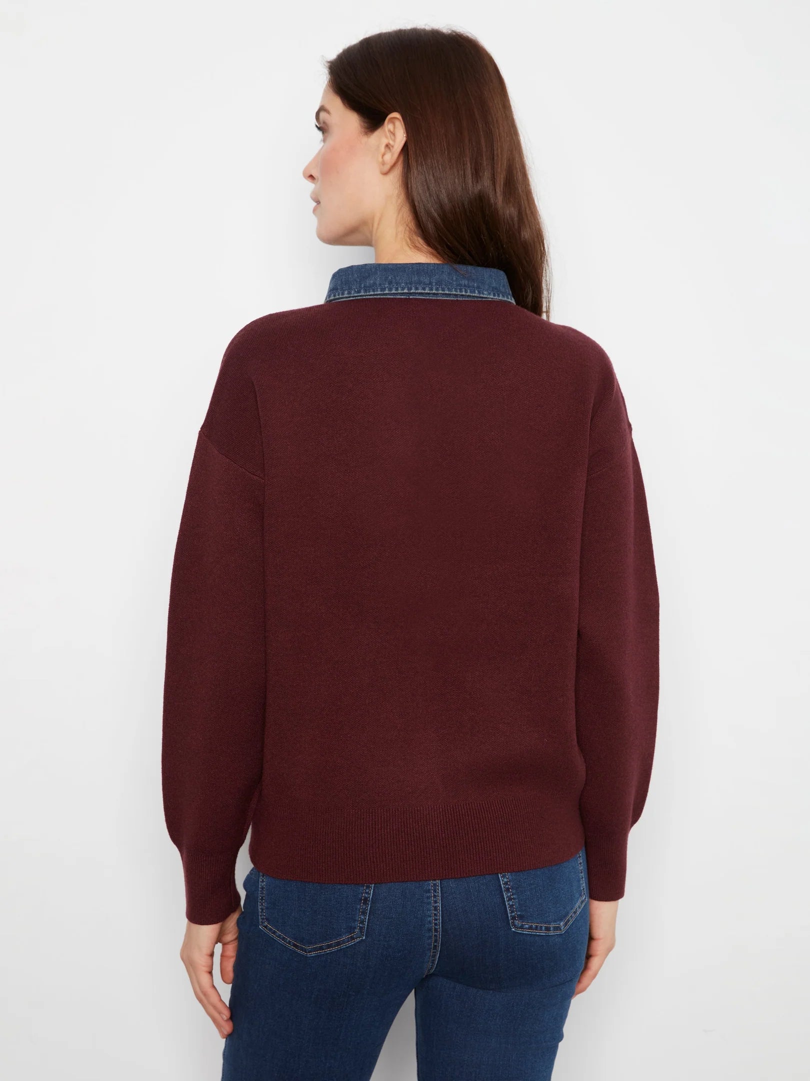 LS Drop Shoulder Polo Sweater w/ Denim Collar