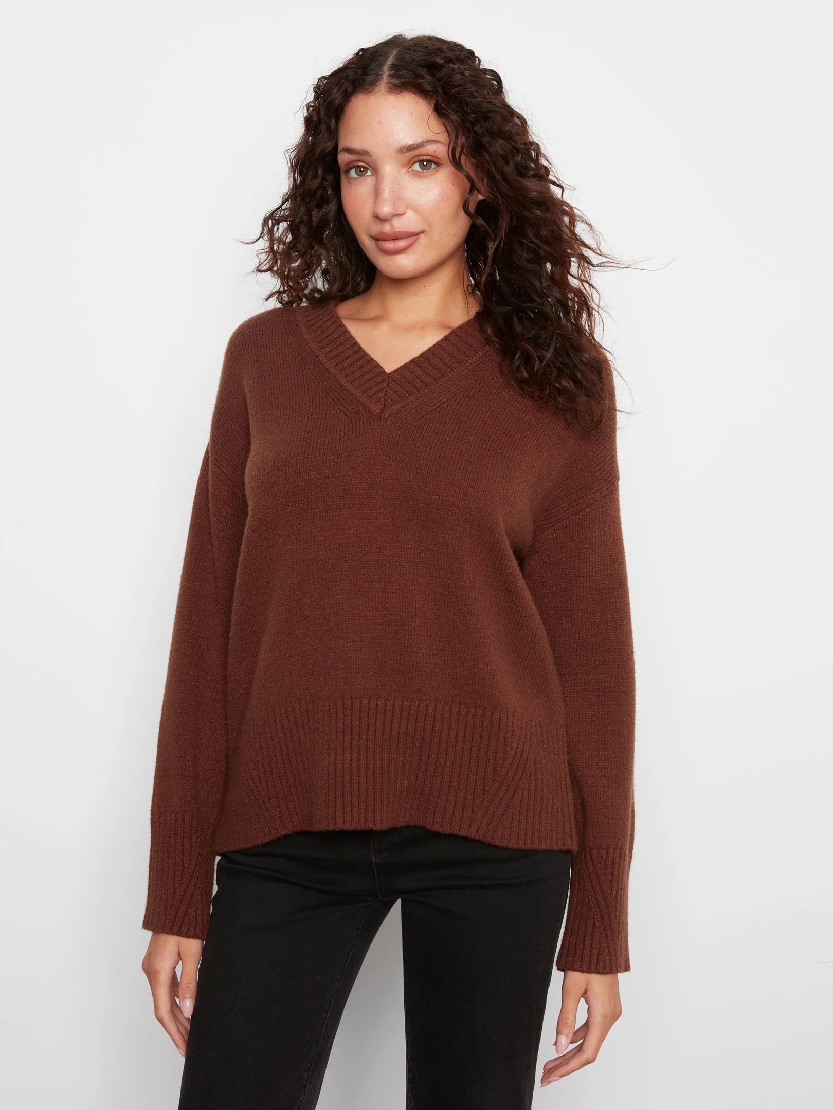 LS Drop Shoulder V Neck Rib Sweater