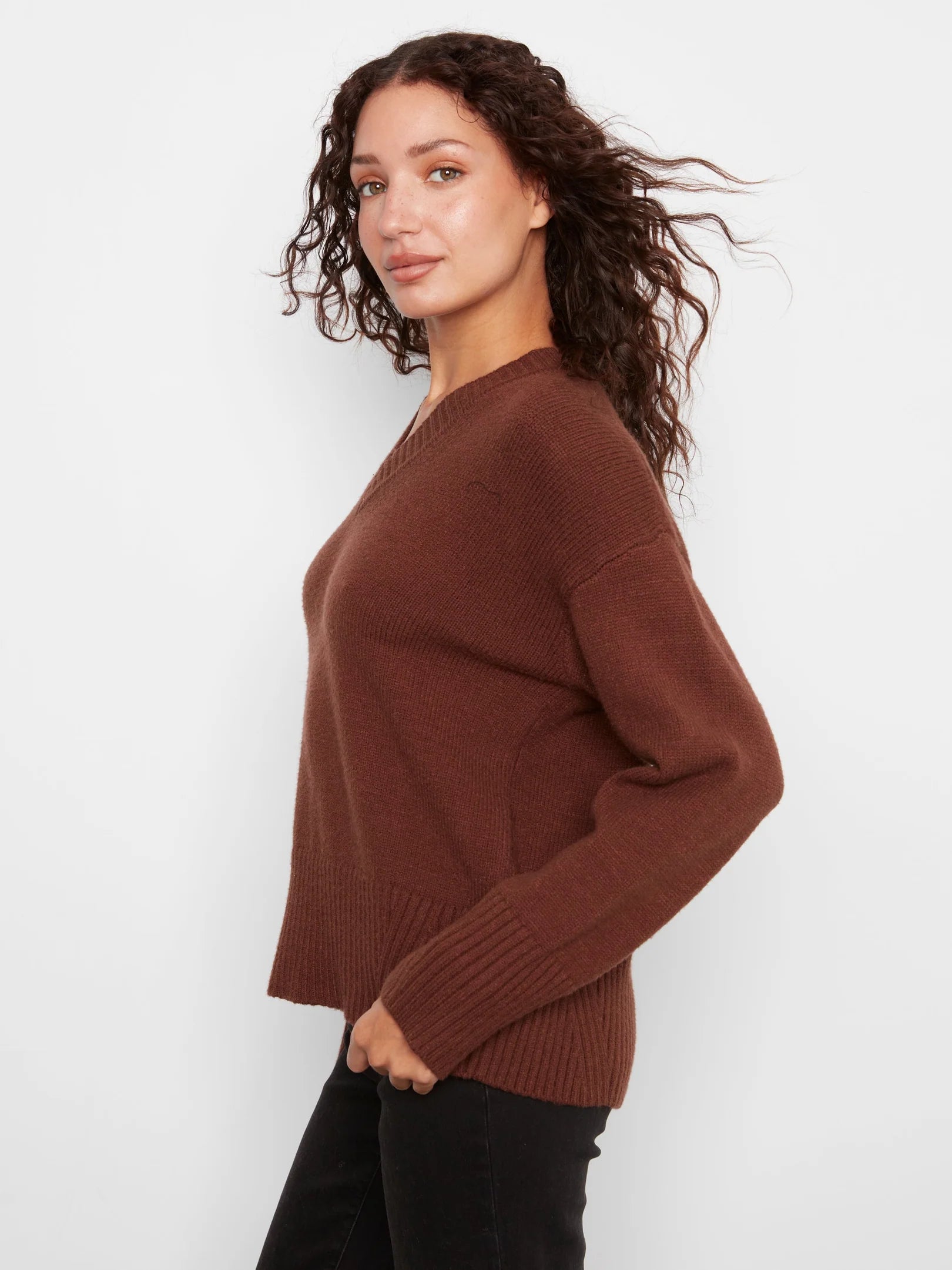 LS Drop Shoulder V Neck Rib Sweater