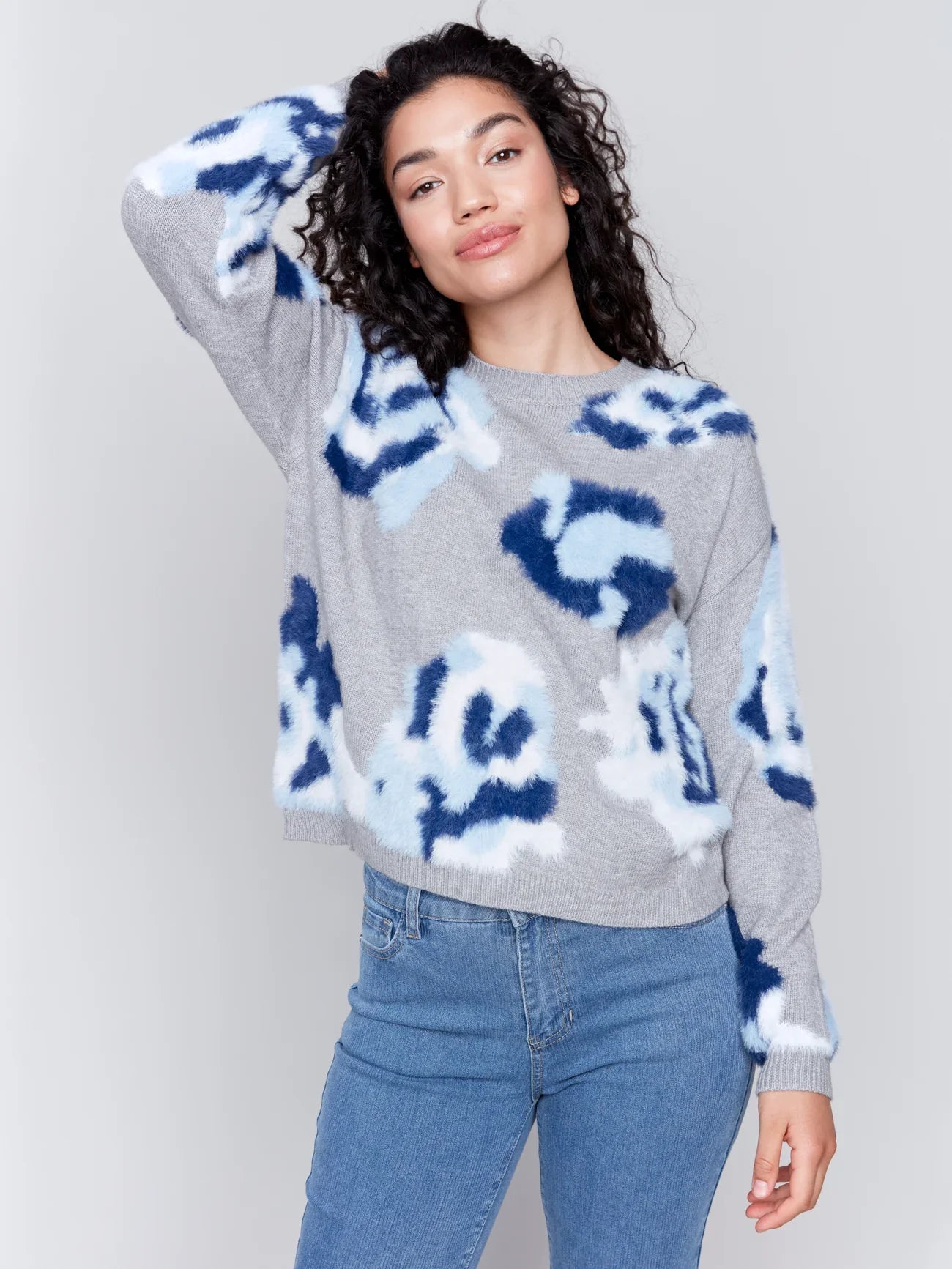 Hairy Yarn Floral Jacquard Crew-Neck Drop-Shoulder Sweater