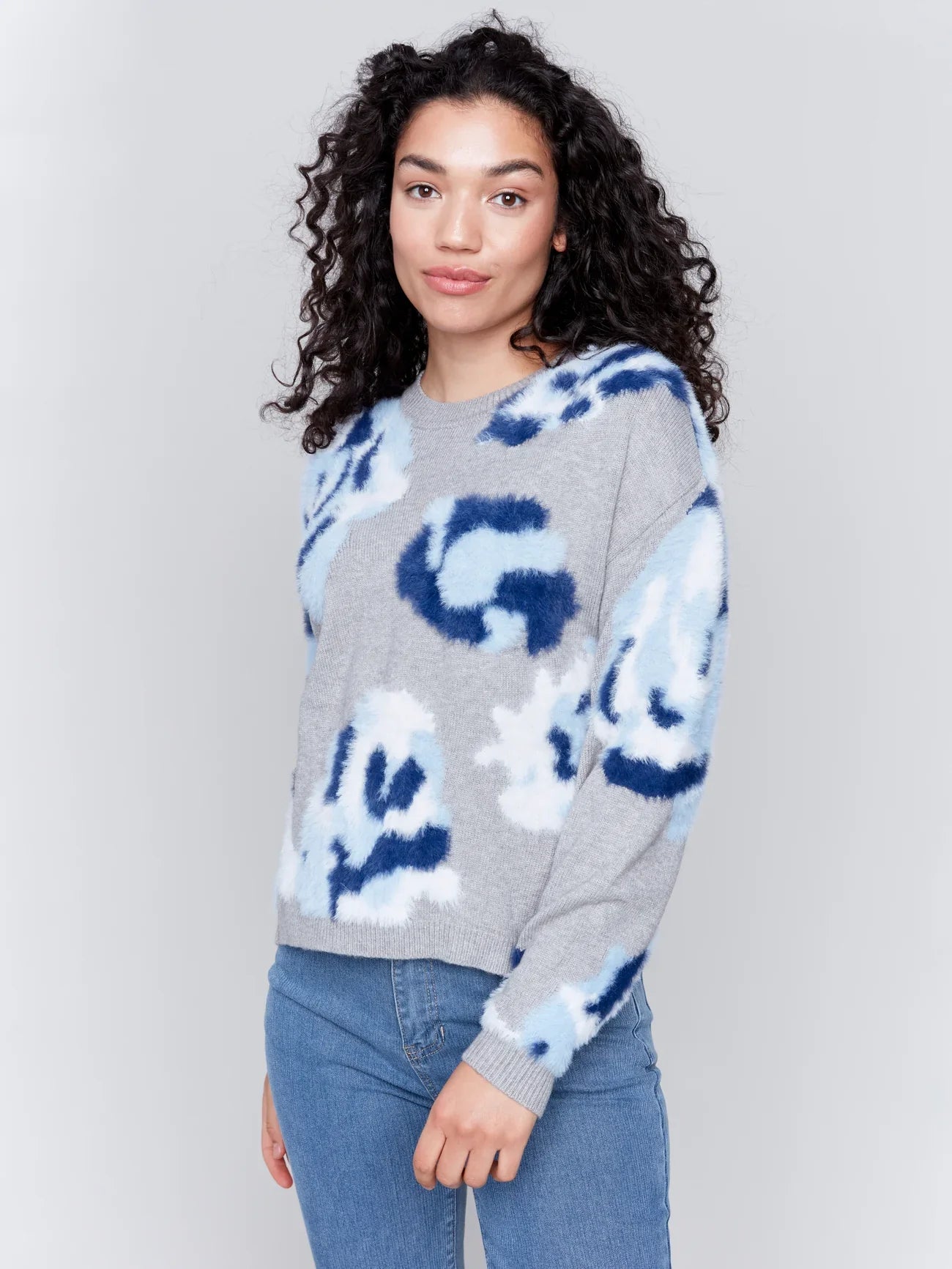 Hairy Yarn Floral Jacquard Crew-Neck Drop-Shoulder Sweater