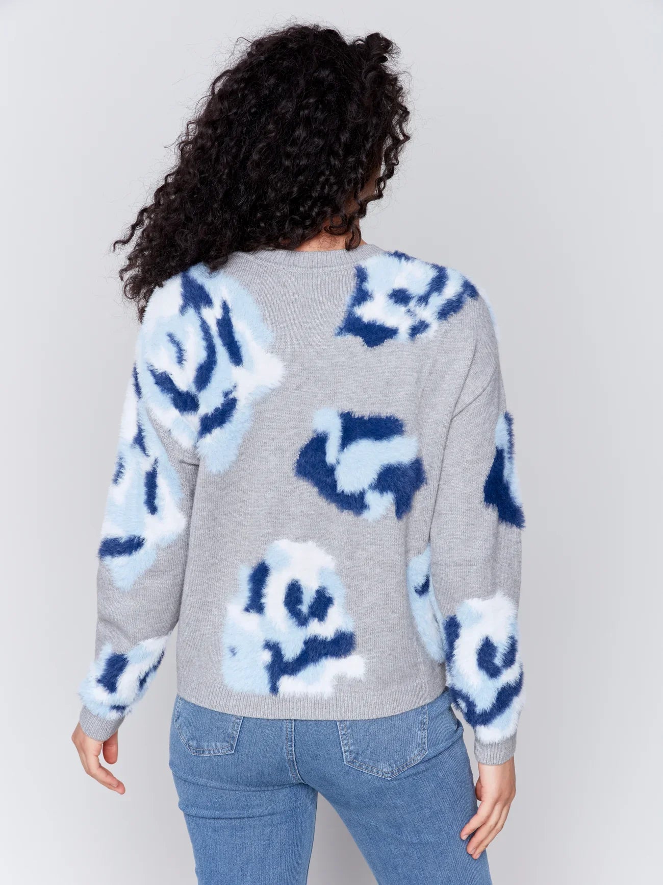 Hairy Yarn Floral Jacquard Crew-Neck Drop-Shoulder Sweater