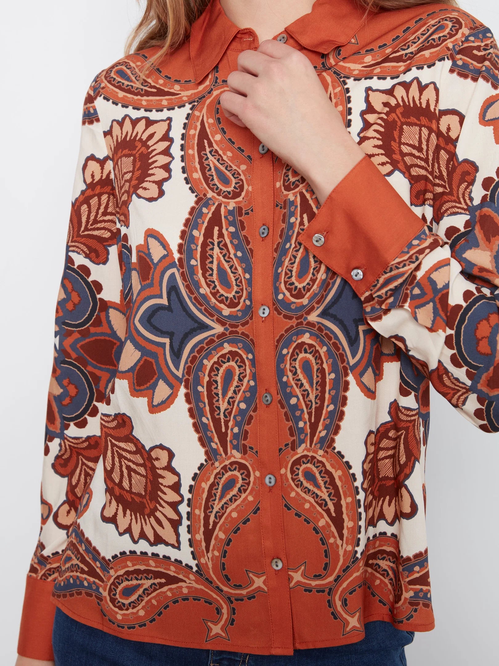 LS Print Button Up Blouse