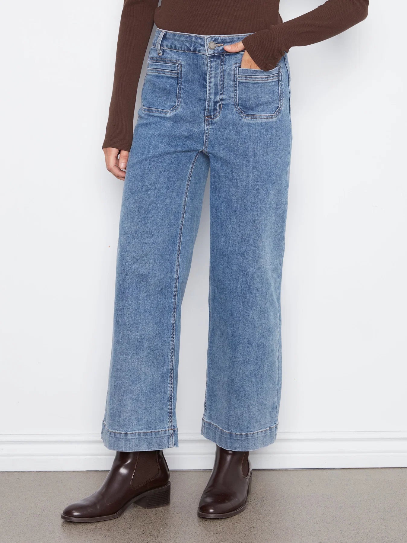 Cropped Insert Pocket Wide Leg Stretch Denim
