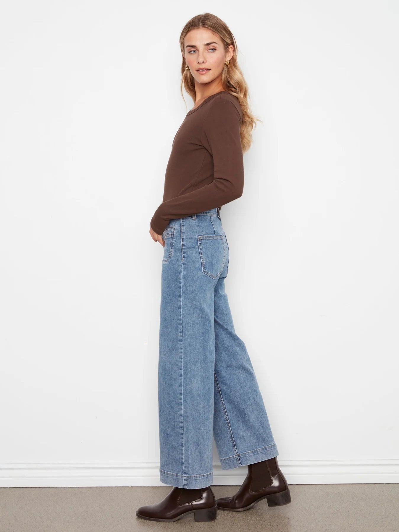 Cropped Insert Pocket Wide Leg Stretch Denim