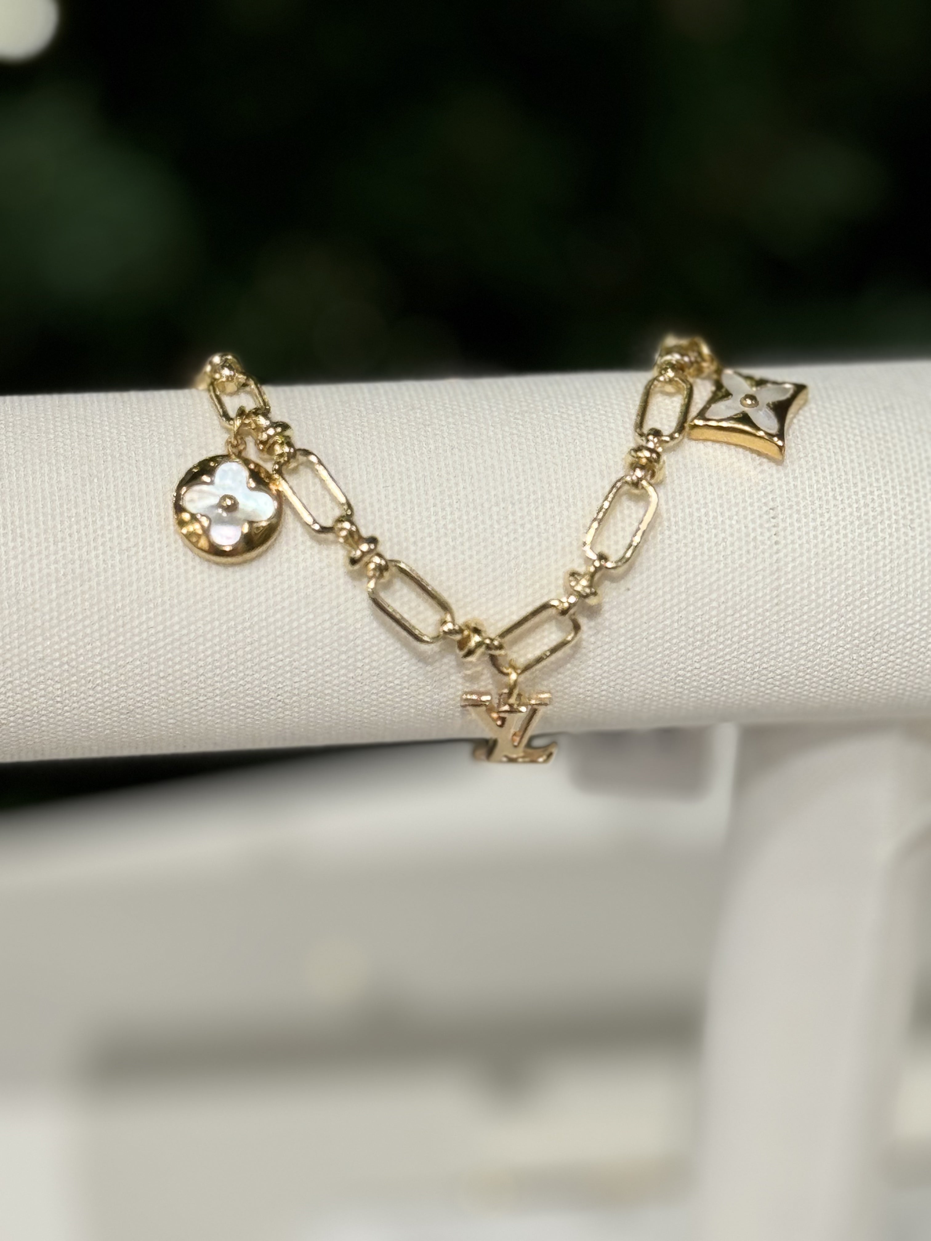 Small Gold Plated Chain Bracelet w/(3) LV Charms - Flower Clovers & LV