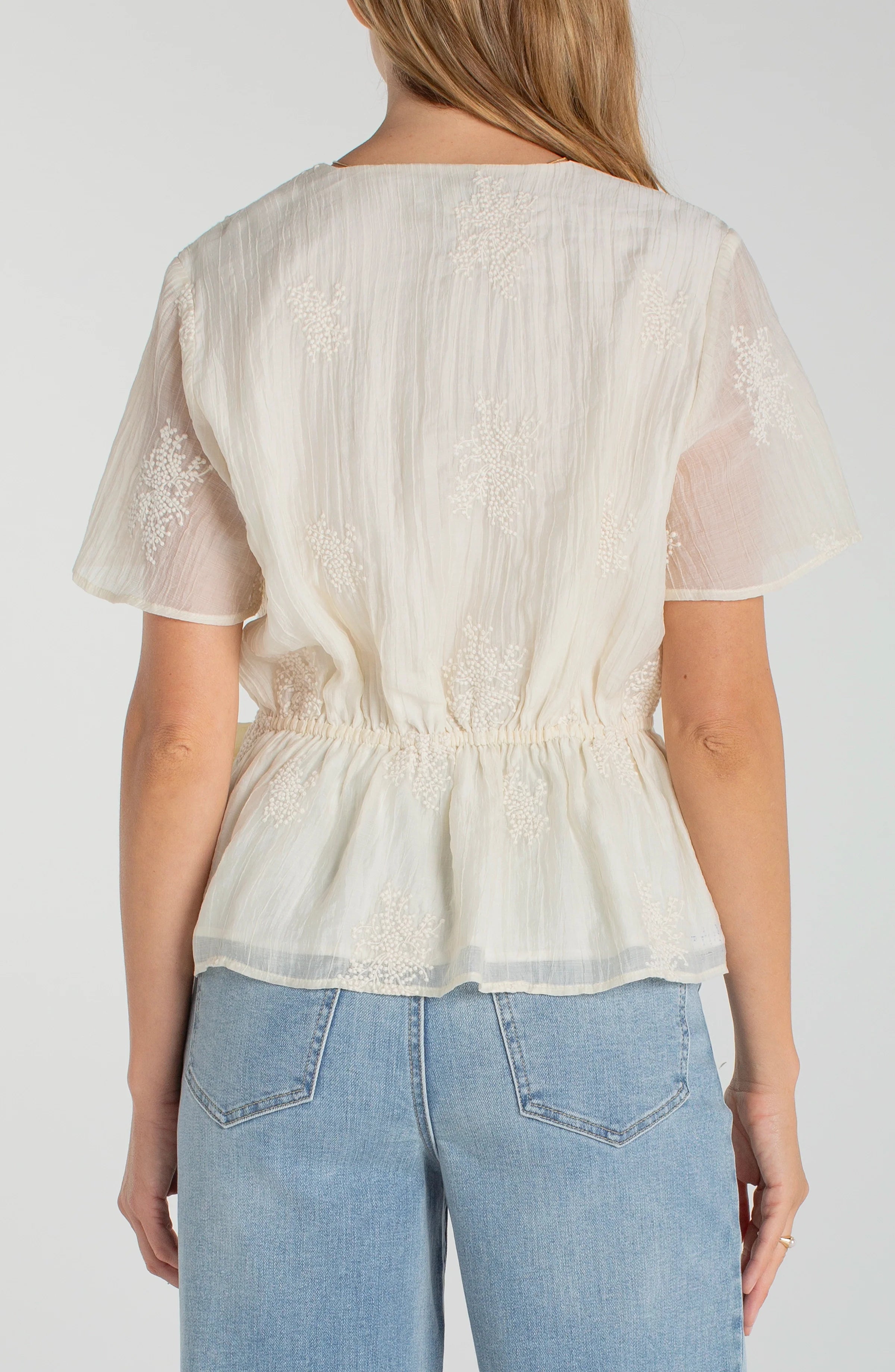 Short Sleeve Wrap Front Woven Top w/ Tie