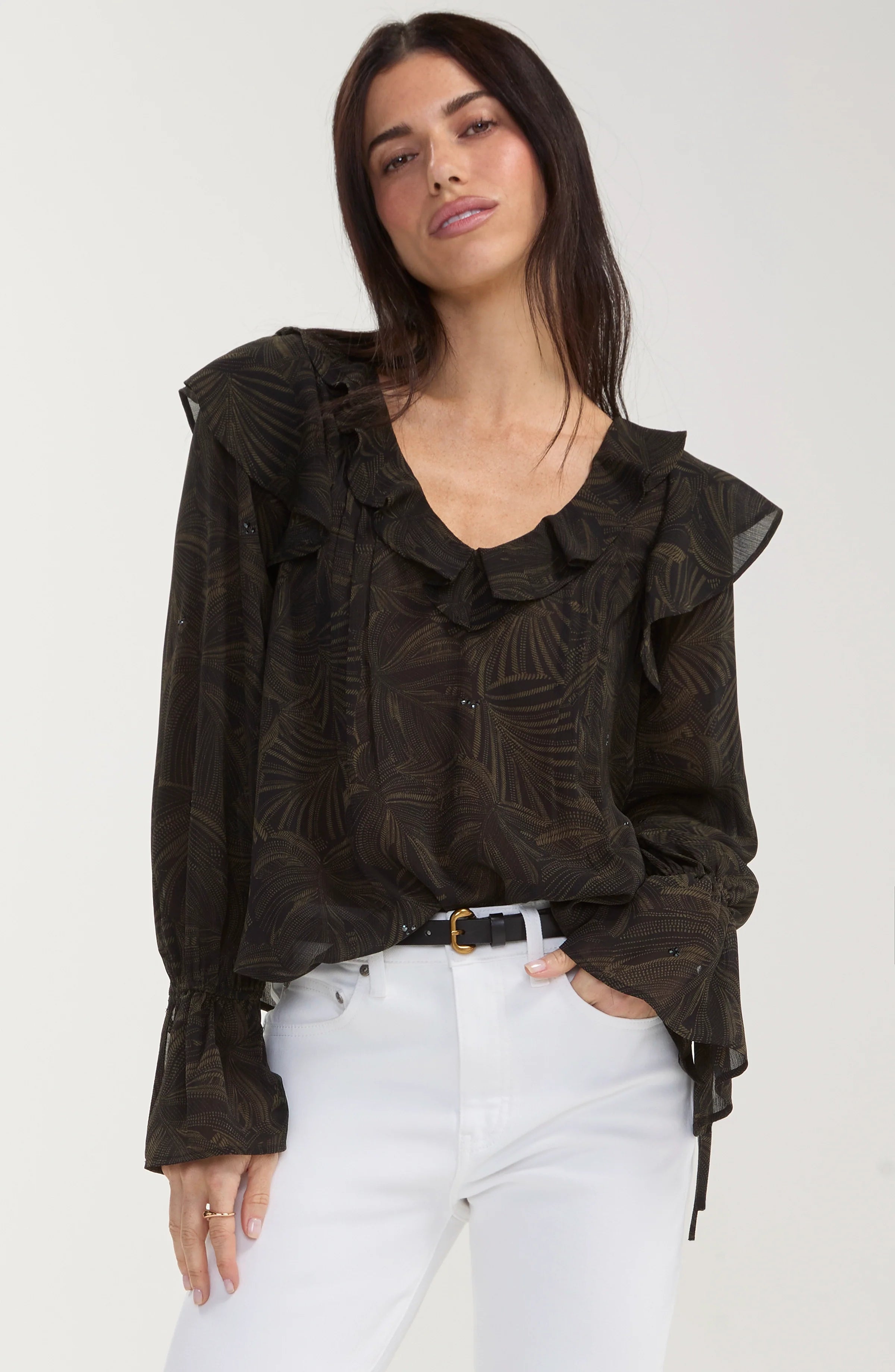 LS Double Ruffle V Neck Woven Blouse
