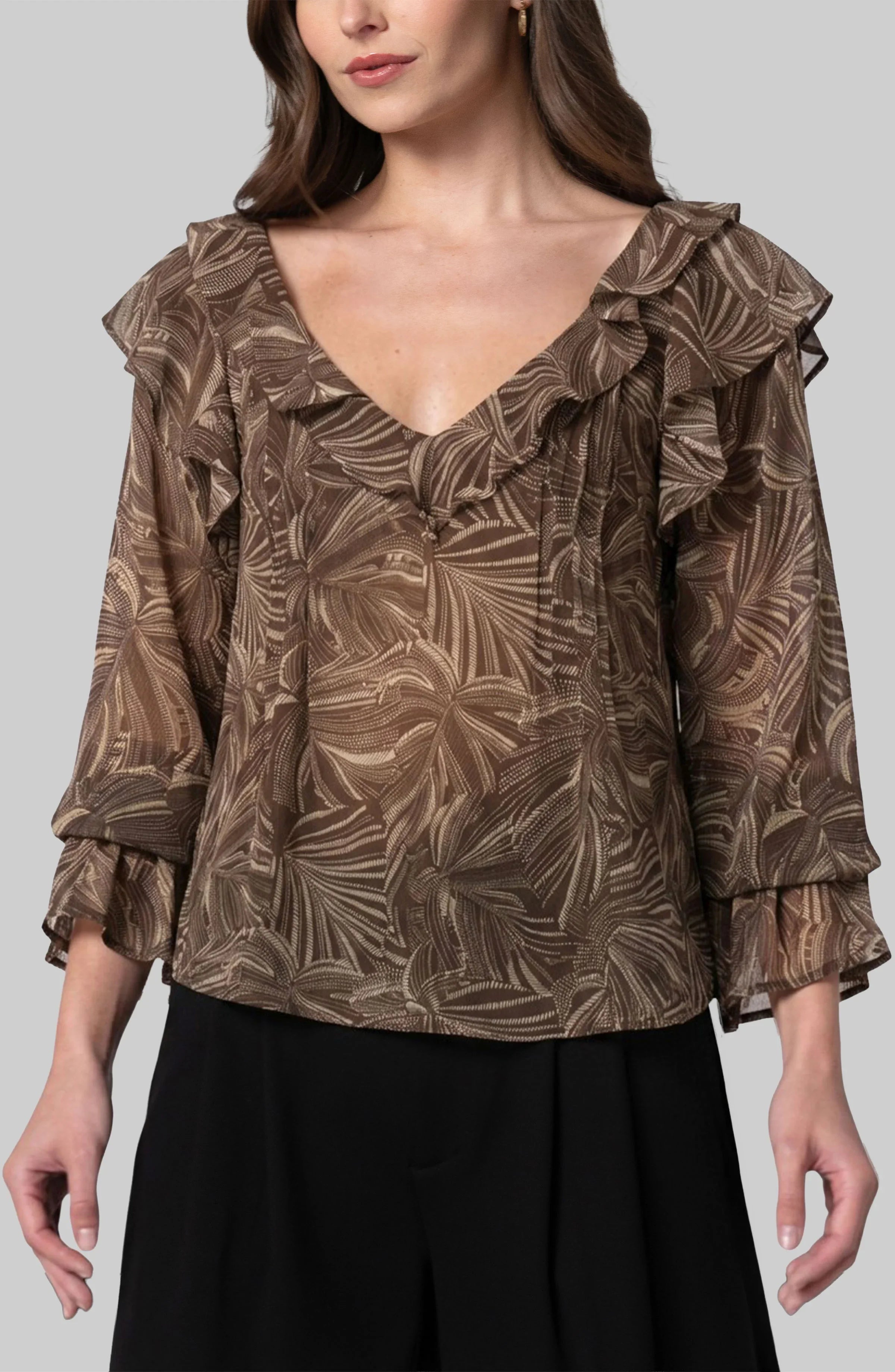 LS Double Ruffle V Neck Woven Blouse