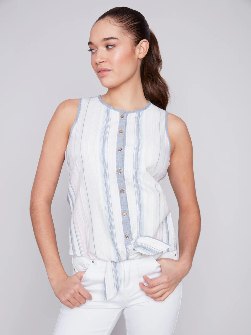 Sleeveless  Button Front Top with Tie