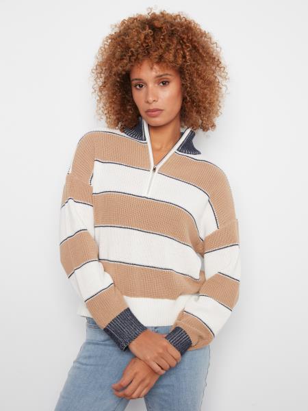 LS Drop Shoulder Zip Mock Neck Striped Sweater