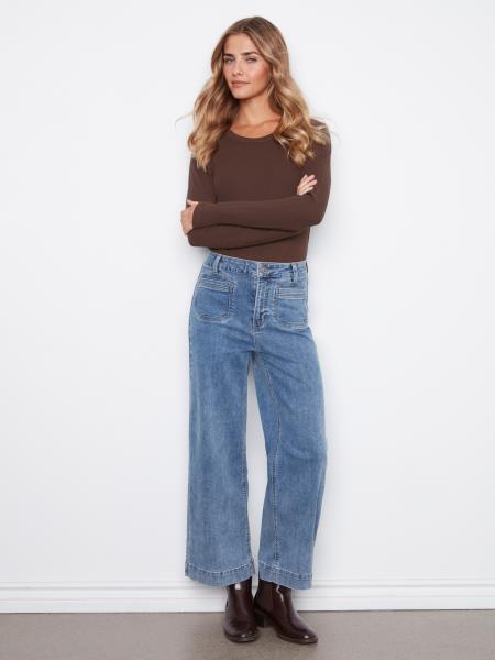 Cropped Insert Pocket Wide Leg Stretch Denim
