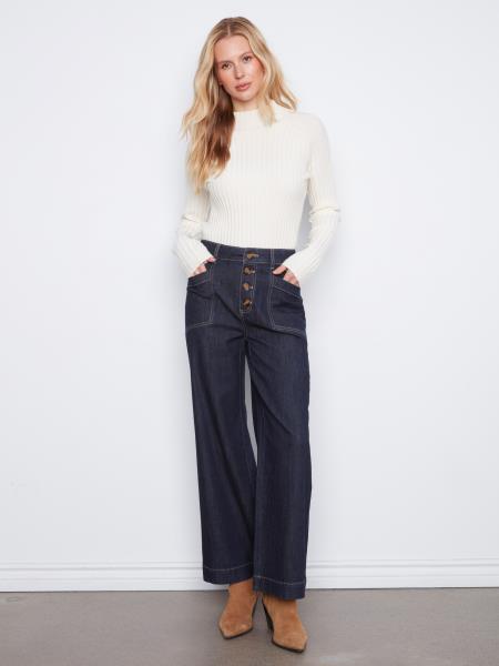 Wide Leg Button Front Stretch Denim w/ Patch Pockets