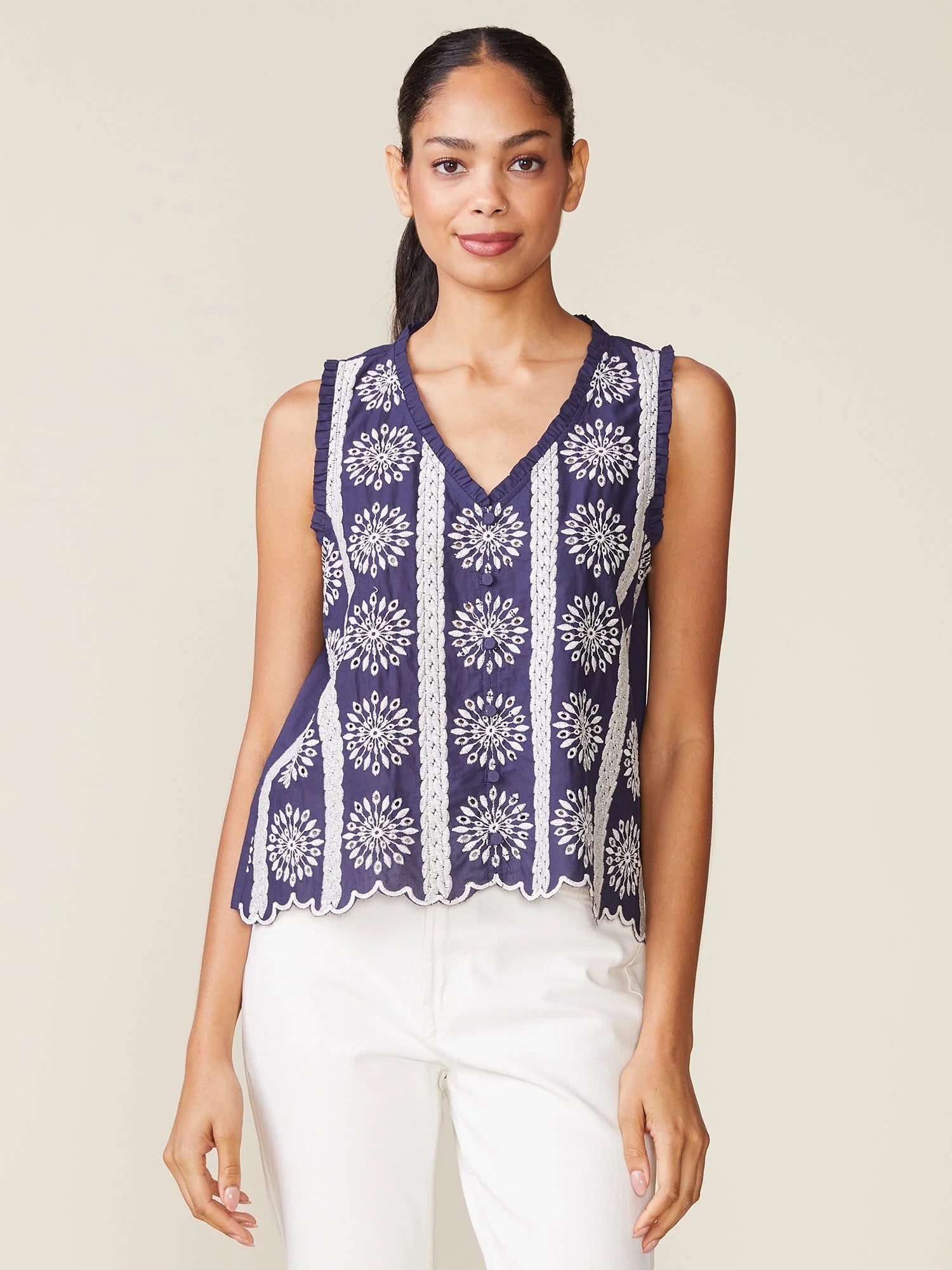 Embroidered Cotton Button Tank