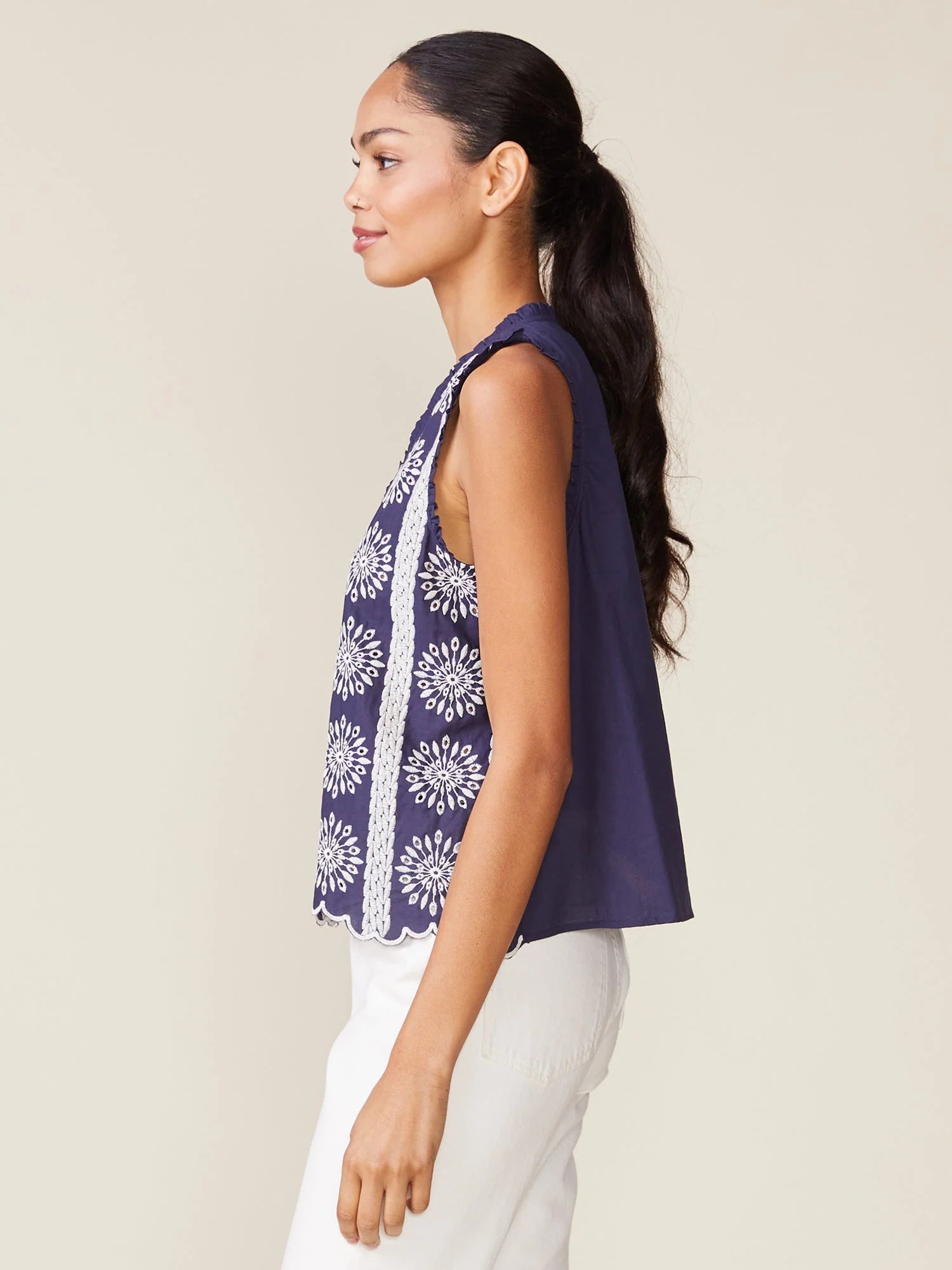 Embroidered Cotton Button Tank