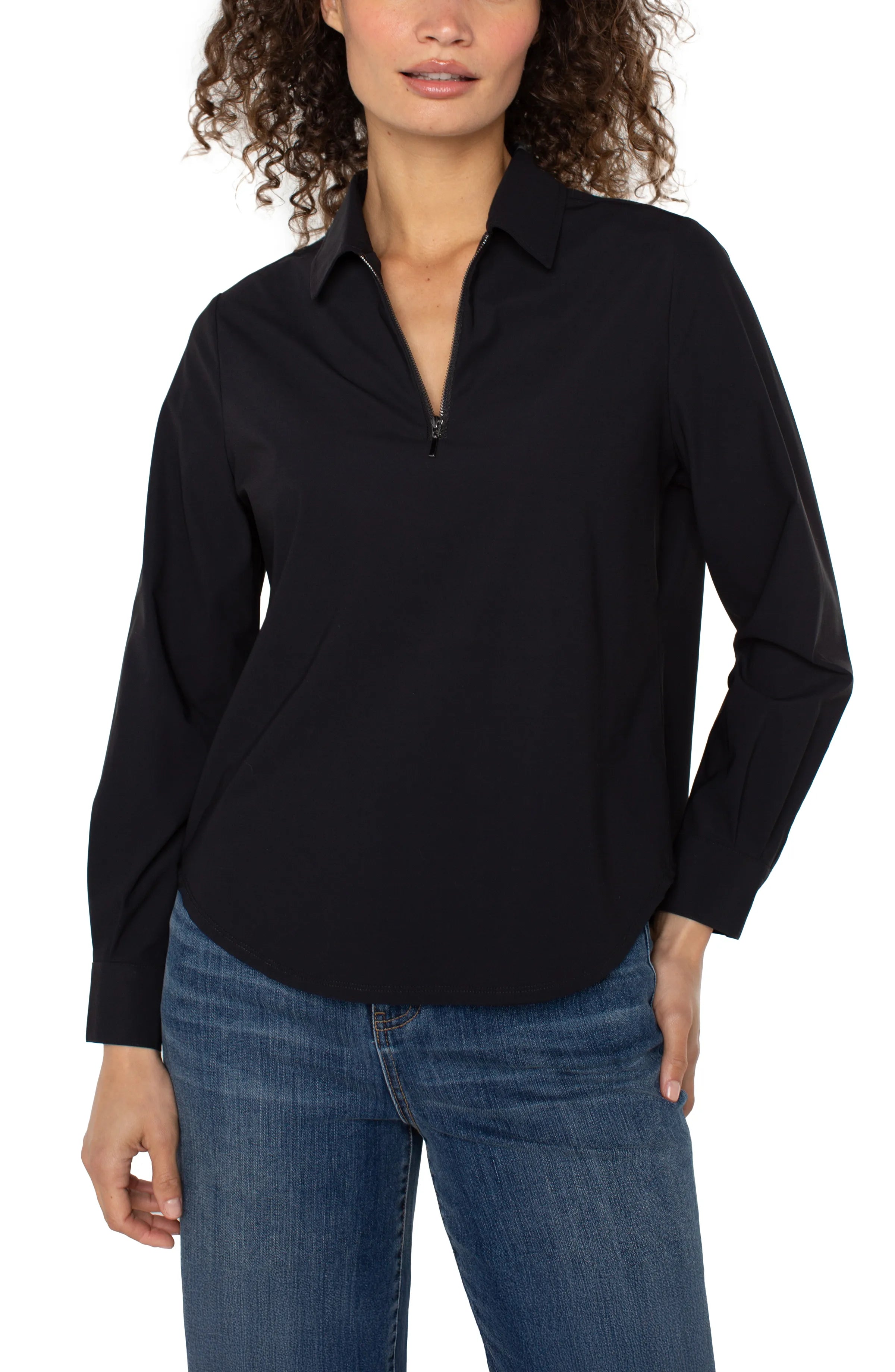 Long Sleeve Collared Zip Front Knit Shirt