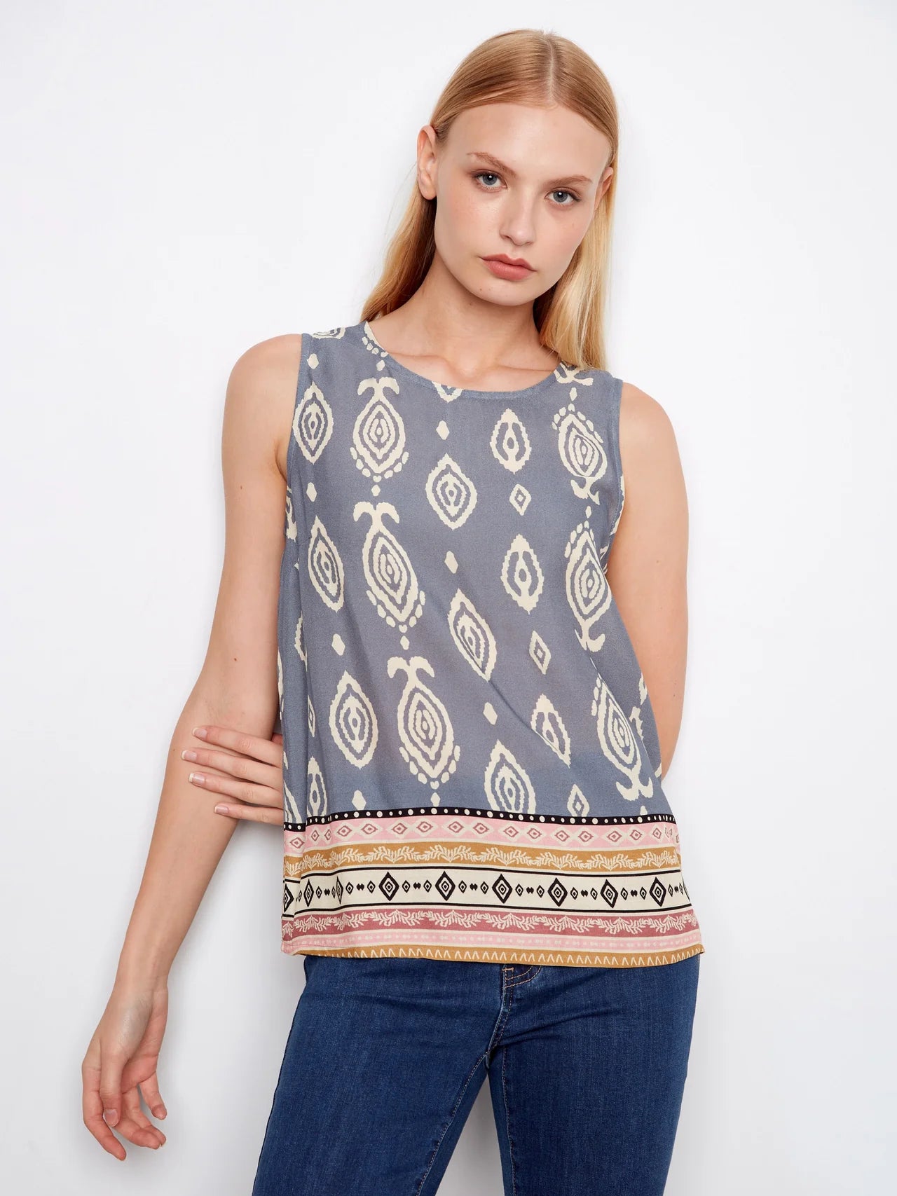 Border Print Sleeveless Blouse
