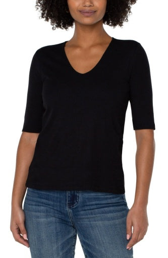 Double Layer V Neck 1/2 Sleeve Rib Knit Top