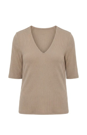 Double Layer V Neck 1/2 Sleeve Rib Knit Top