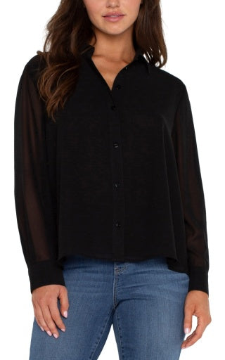 Long Sleeve Woven Shirt W/ Pleat Back Detail