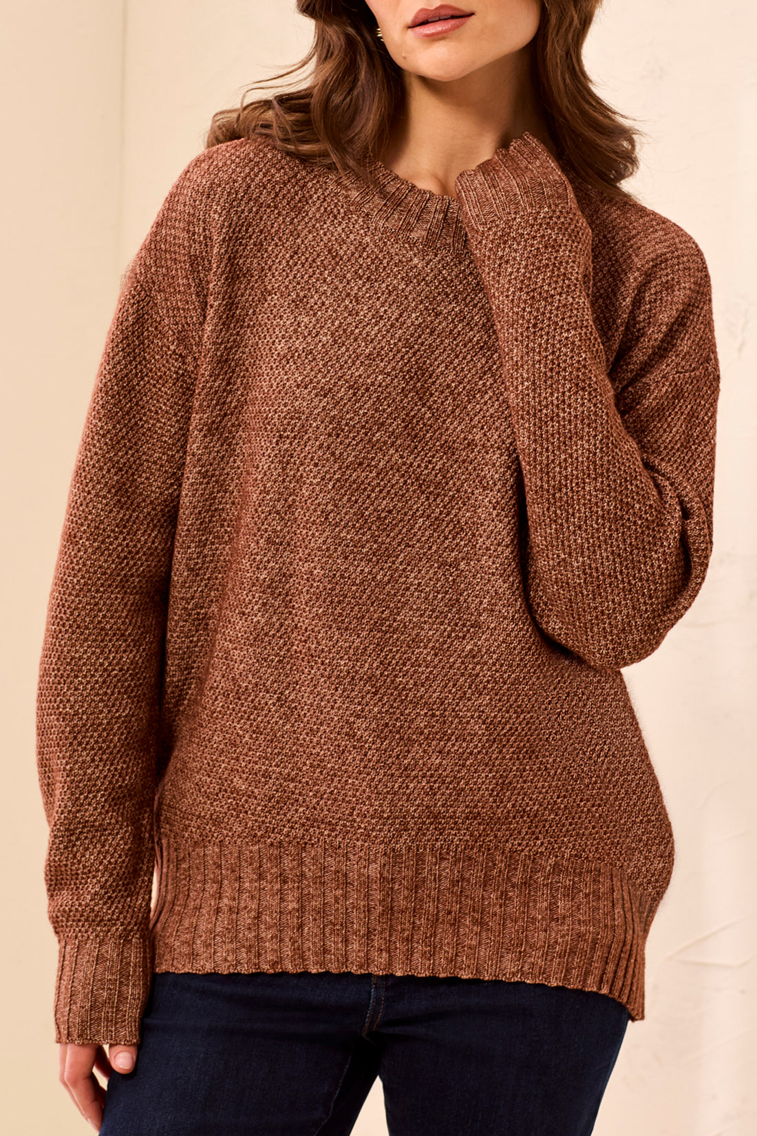 CREW NECK HIGH LOW  SWEATER-H ANTIQUEWHITE