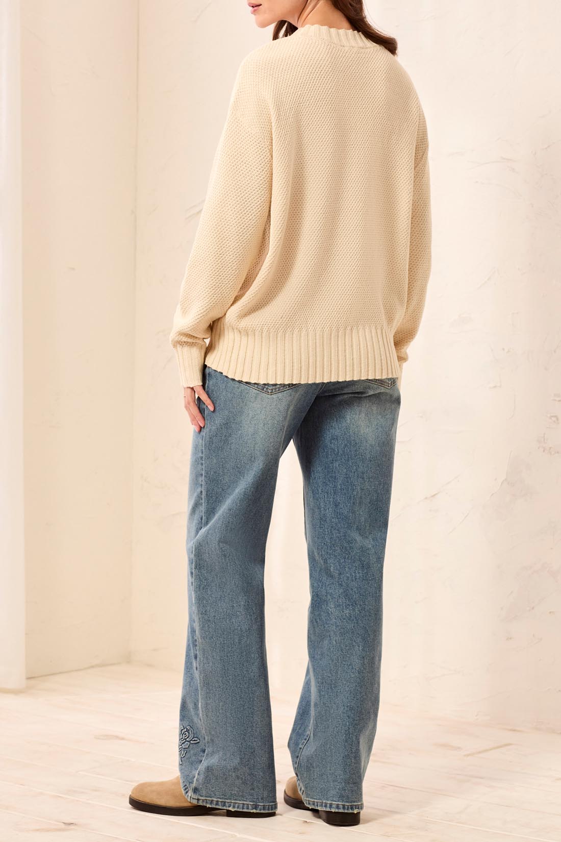 CREW NECK HIGH LOW  SWEATER-H ANTIQUEWHITE