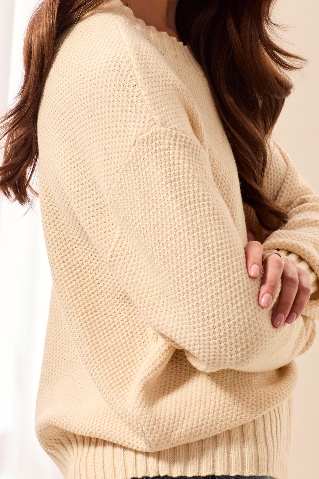 CREW NECK HIGH LOW  SWEATER-H ANTIQUEWHITE