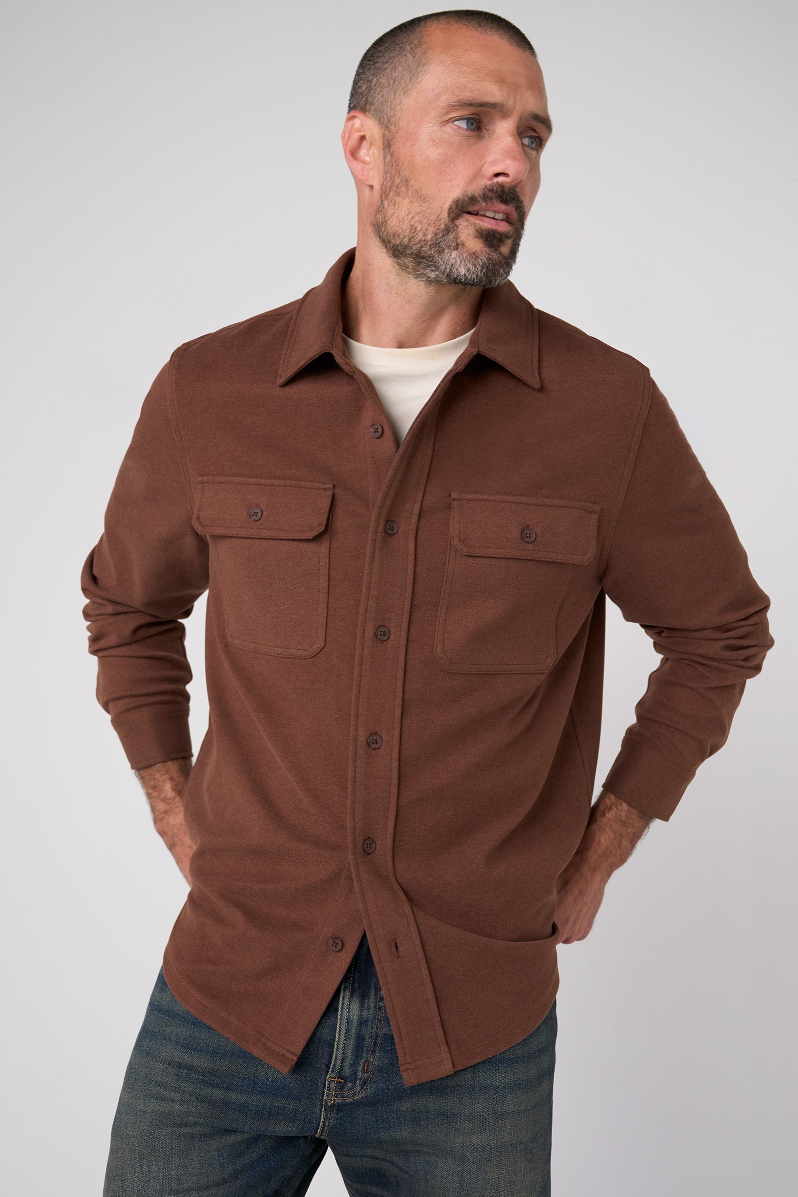 Men's Knit L/S Button Up Shirt w/ Flap Pockets