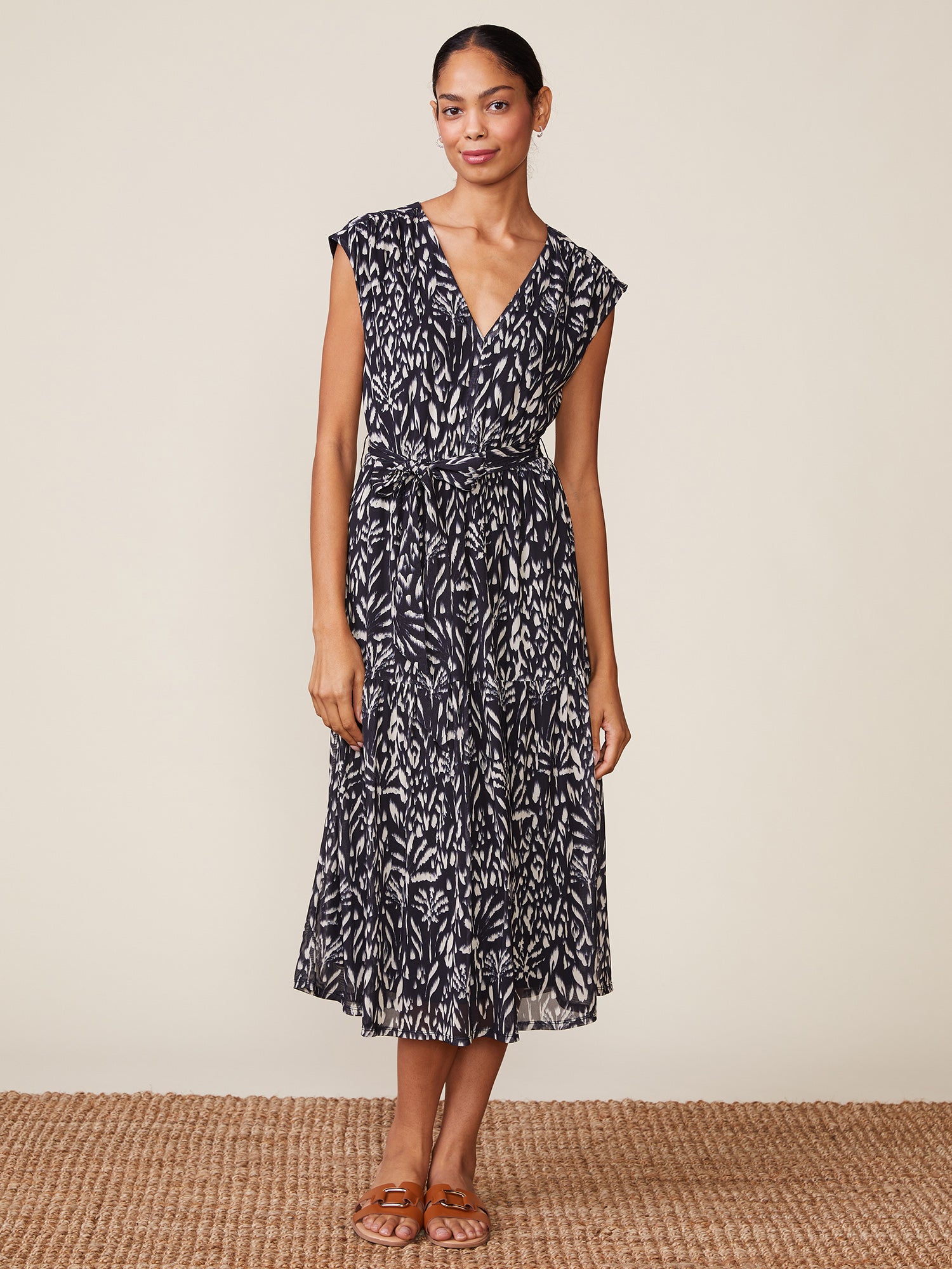 Printed Mesh V-Neck Midi Dress