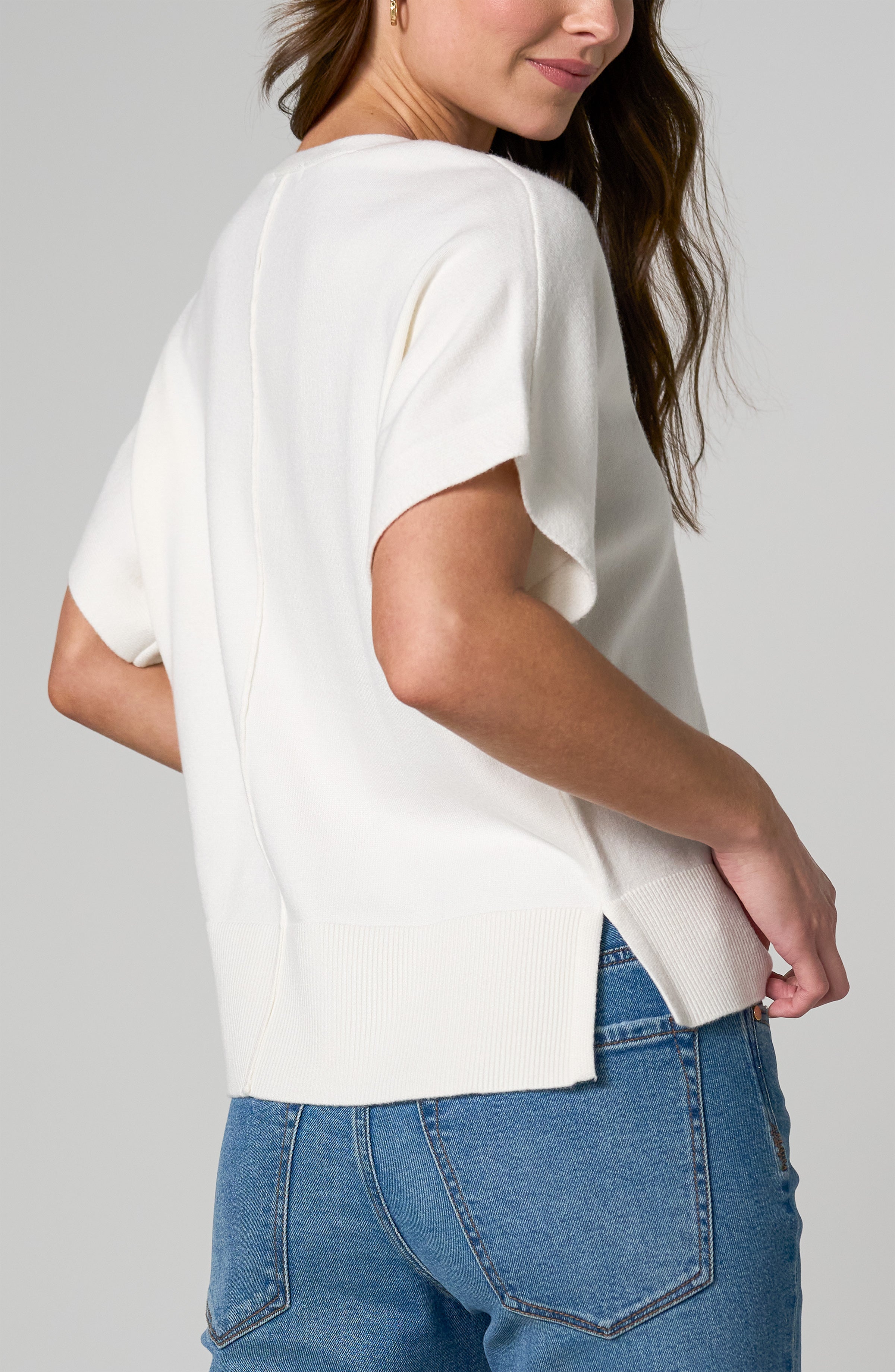 SS V Neck Dolman Popover Sweater w/ Step Hem