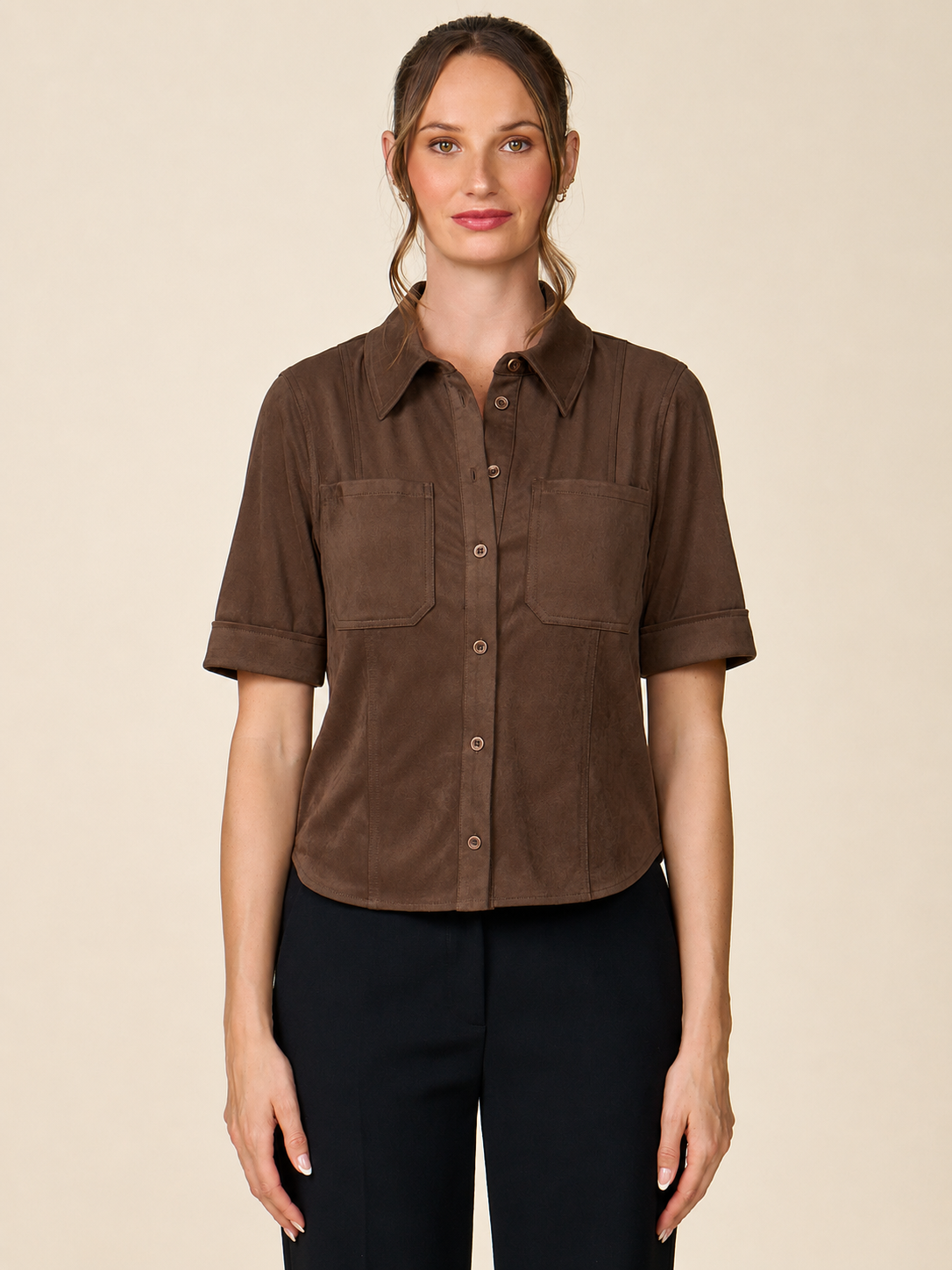 Faux Suede Button Front Shirt