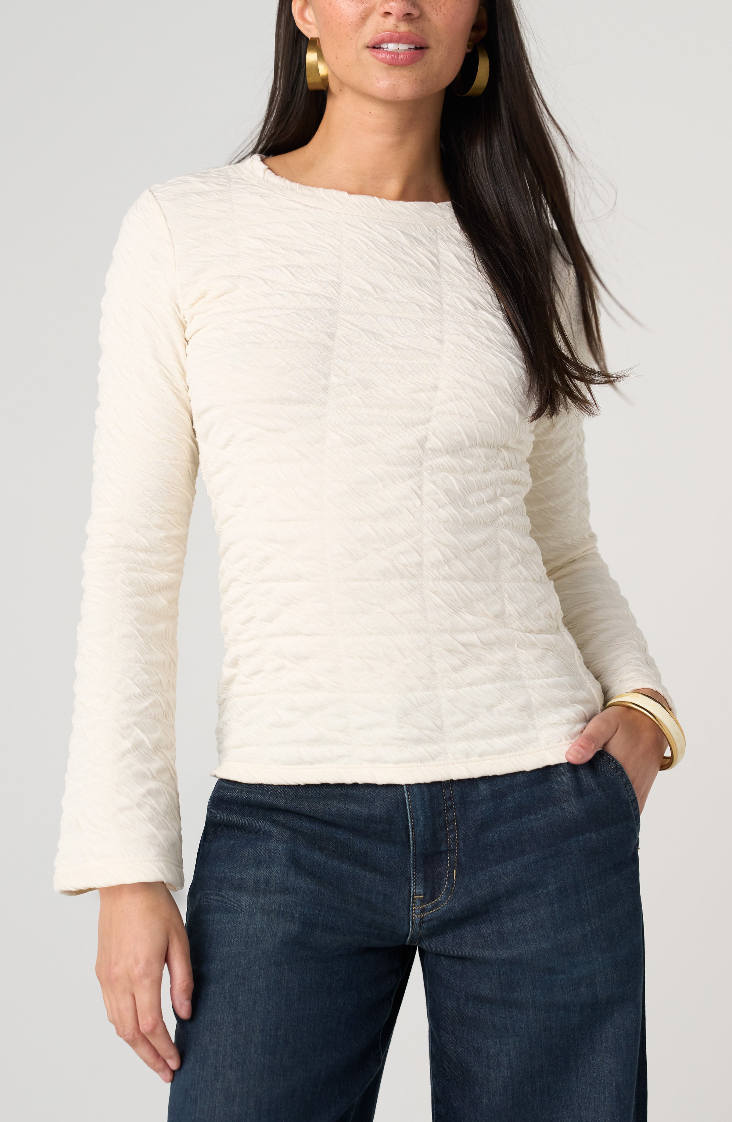 Long Flare Sleeve Crew Neck Knit Top
