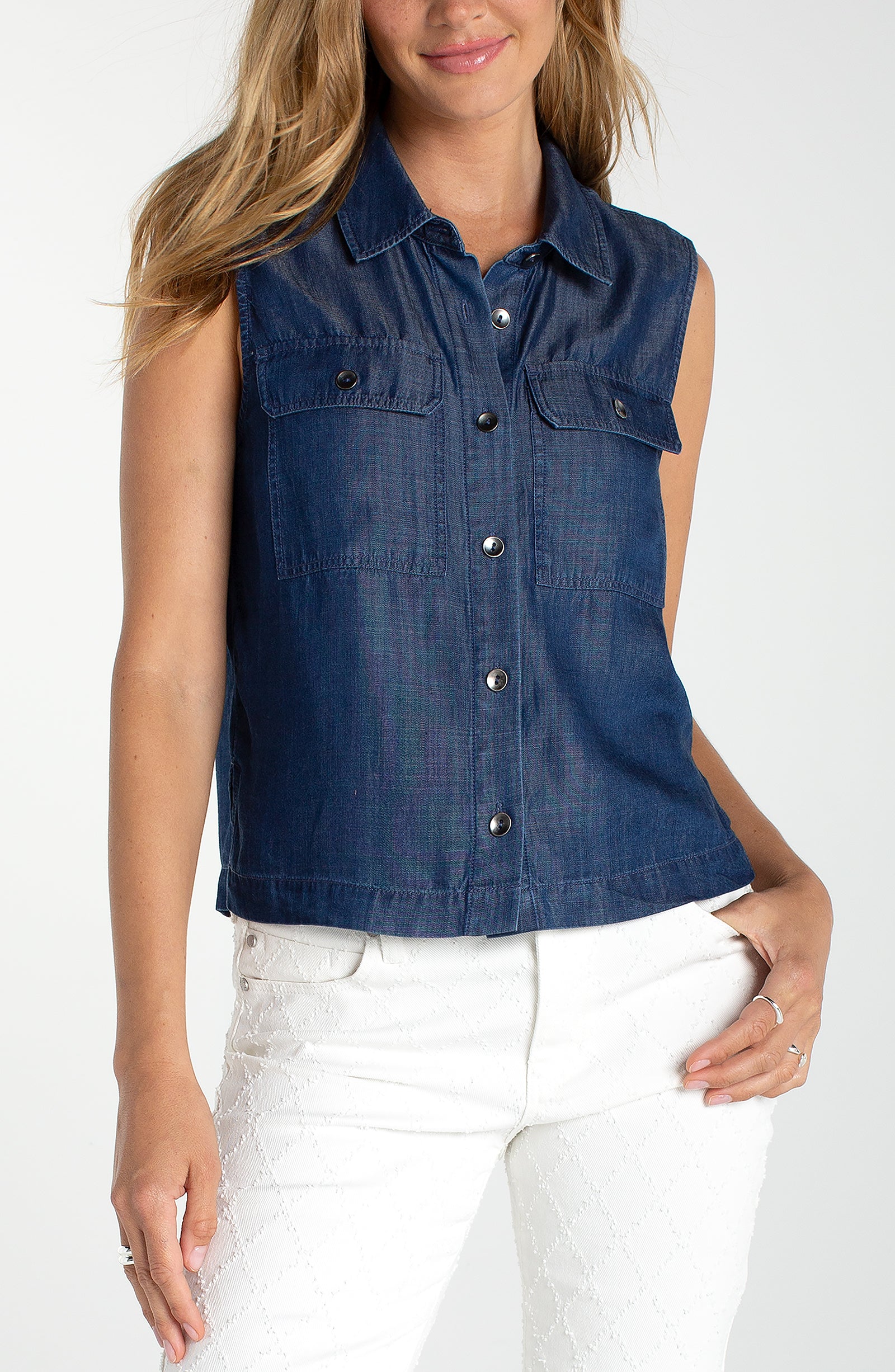 Sleeveless Button Top with Pockets