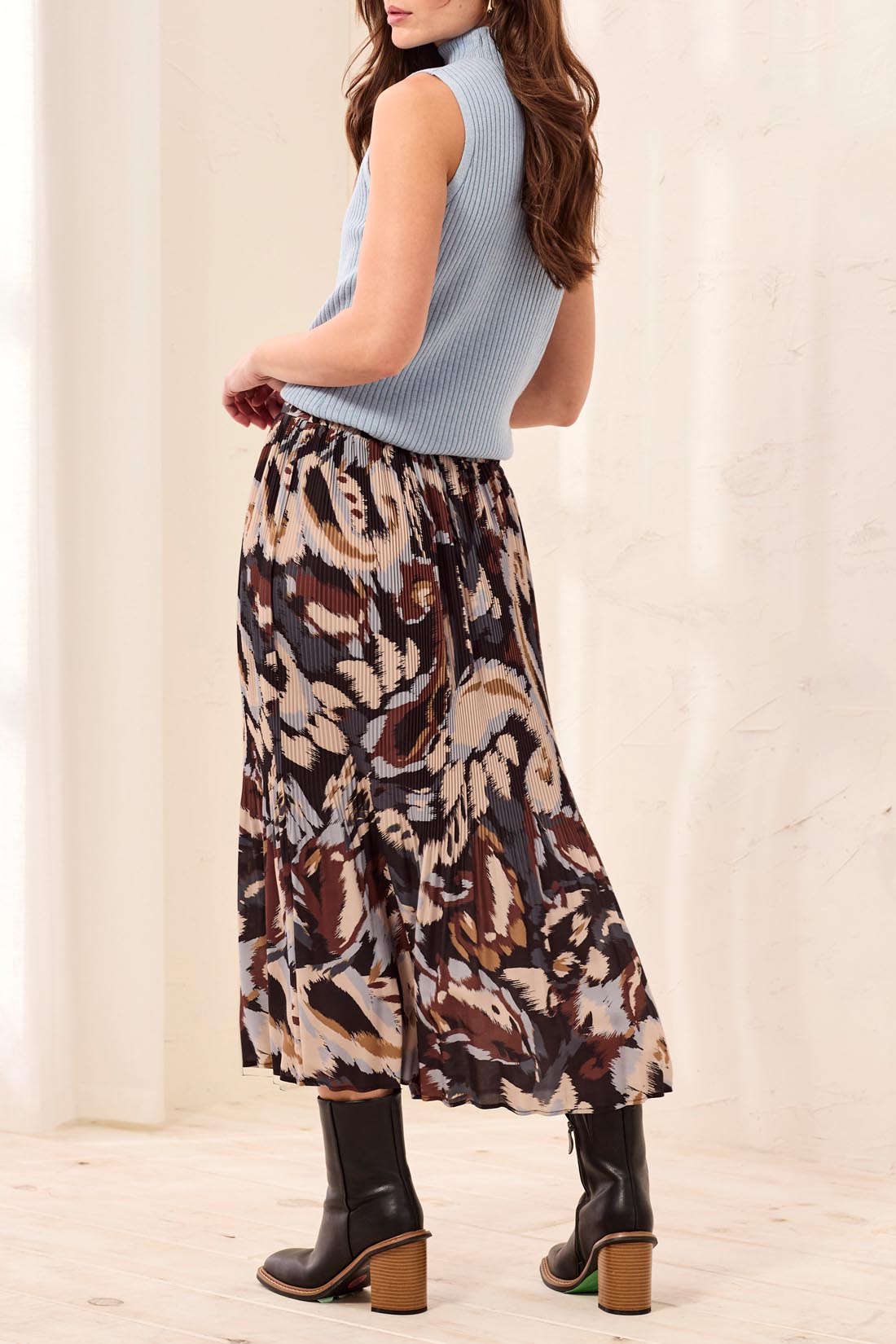 FLOWY PLISSE PRINTED SKIRT-STEEL
