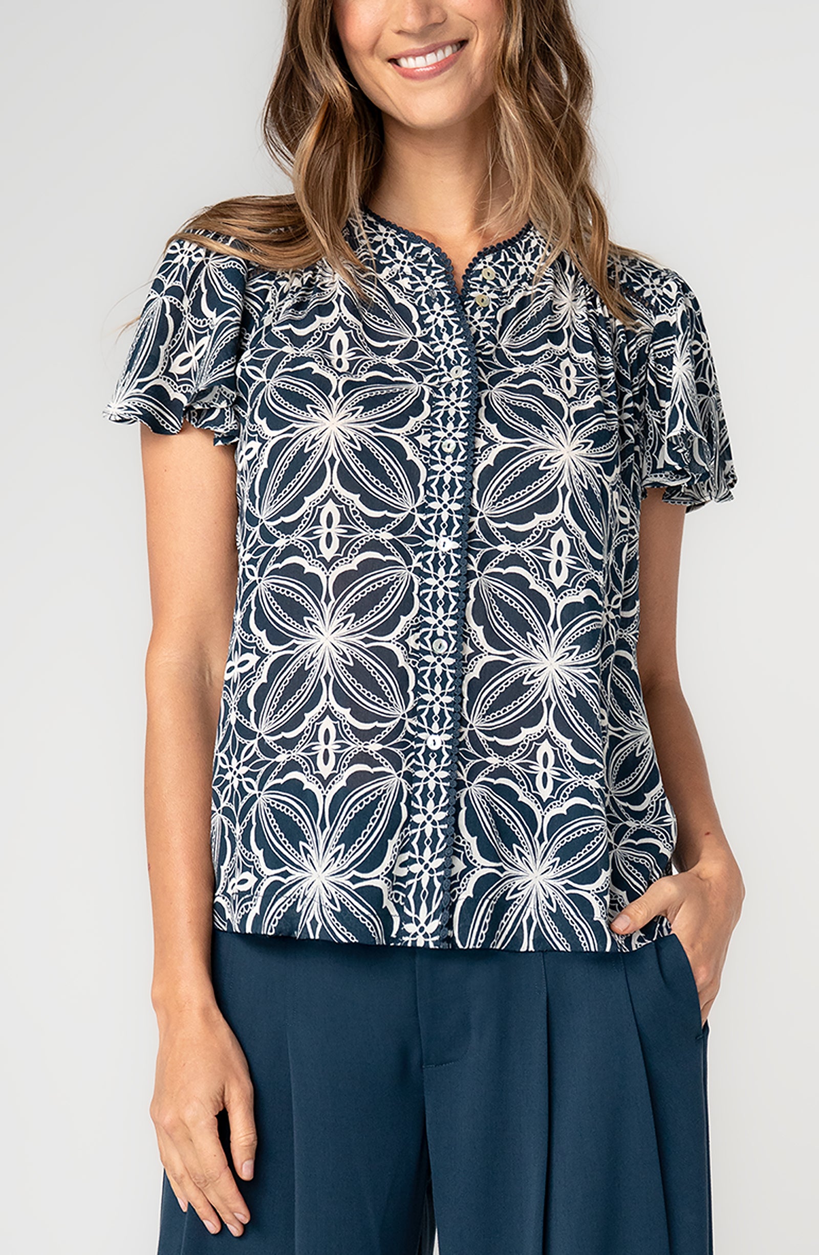 Flutter Sleeve Mix Print Button Front Woven Top
