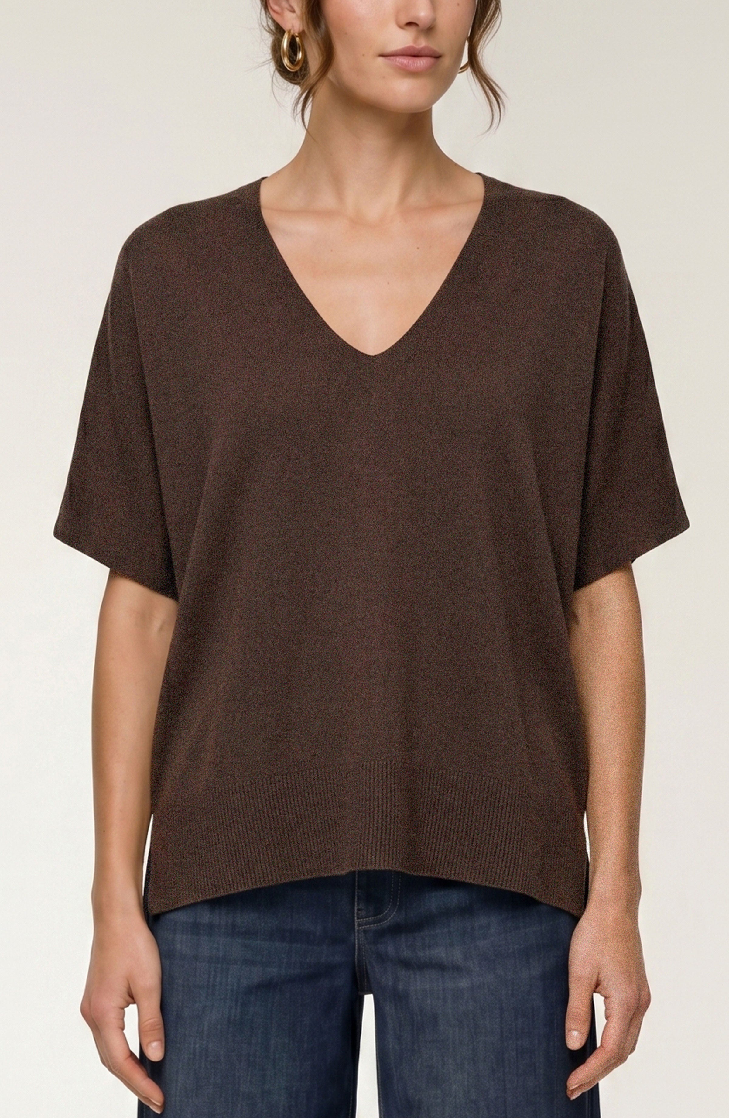 SS V Neck Dolman Popover Sweater w/ Step Hem