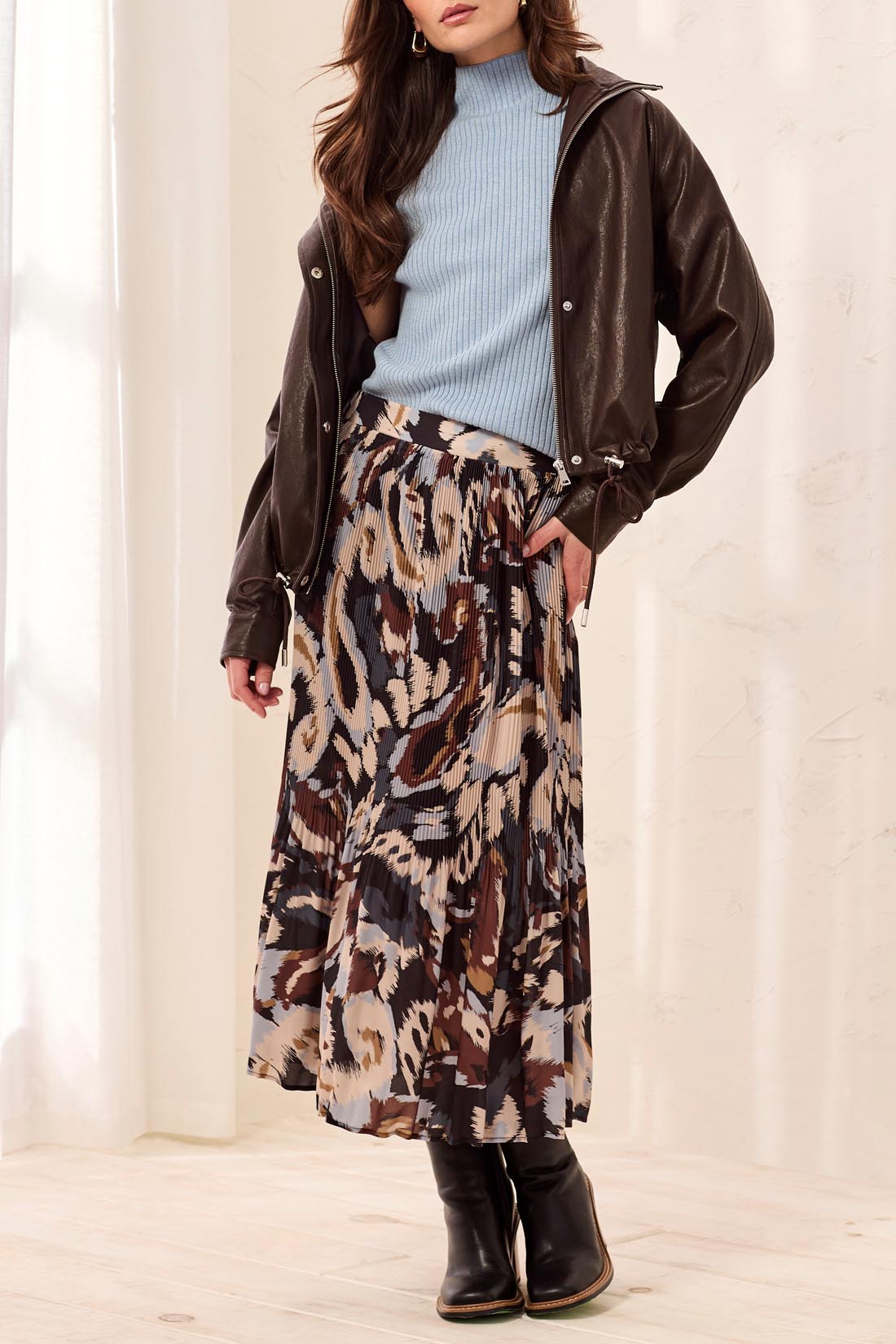 FLOWY PLISSE PRINTED SKIRT-STEEL